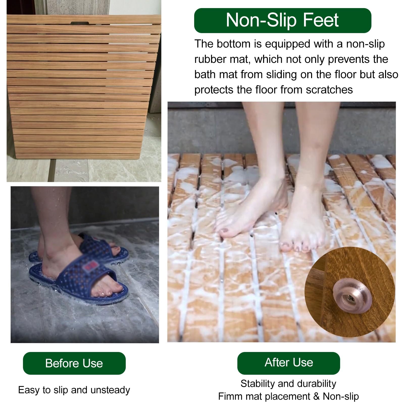 Tappetino da bagno in legno di teak antiscivolo, Pedana per Doccia Design con Maniglia,con Piedini Antiscivolo, ideale per doccia, sauna e piscina(30x60cm/11.8 * 23.6in)