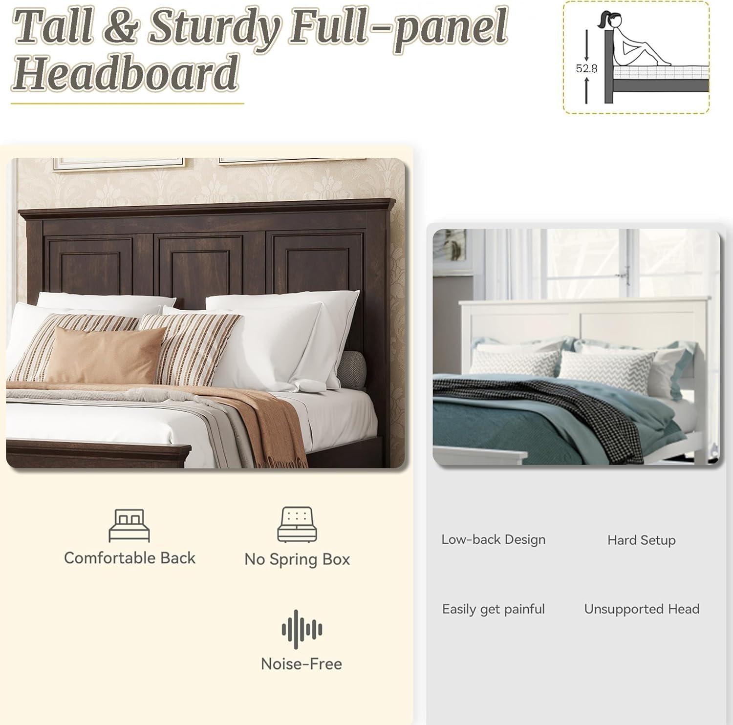 Farmhouse Queen Size Platform Bed for Adults, Solid Wood Platform Beds with Tall Headboard & Footboard, Queen Panel Bed for Bedroom, Rich Brown