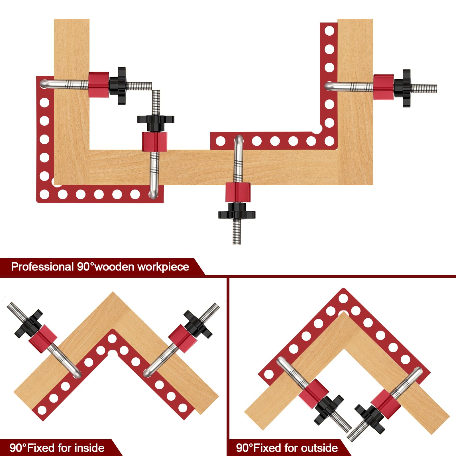 Pince à Angle Droit 90 Degrés, Serre Joint Angle Droit Aluminium 14 X 14 cm Equerre de Positionnemen Serre Cadre Fixation à Angle Outils de Travail du Bois, (Rouge 4 Pack)