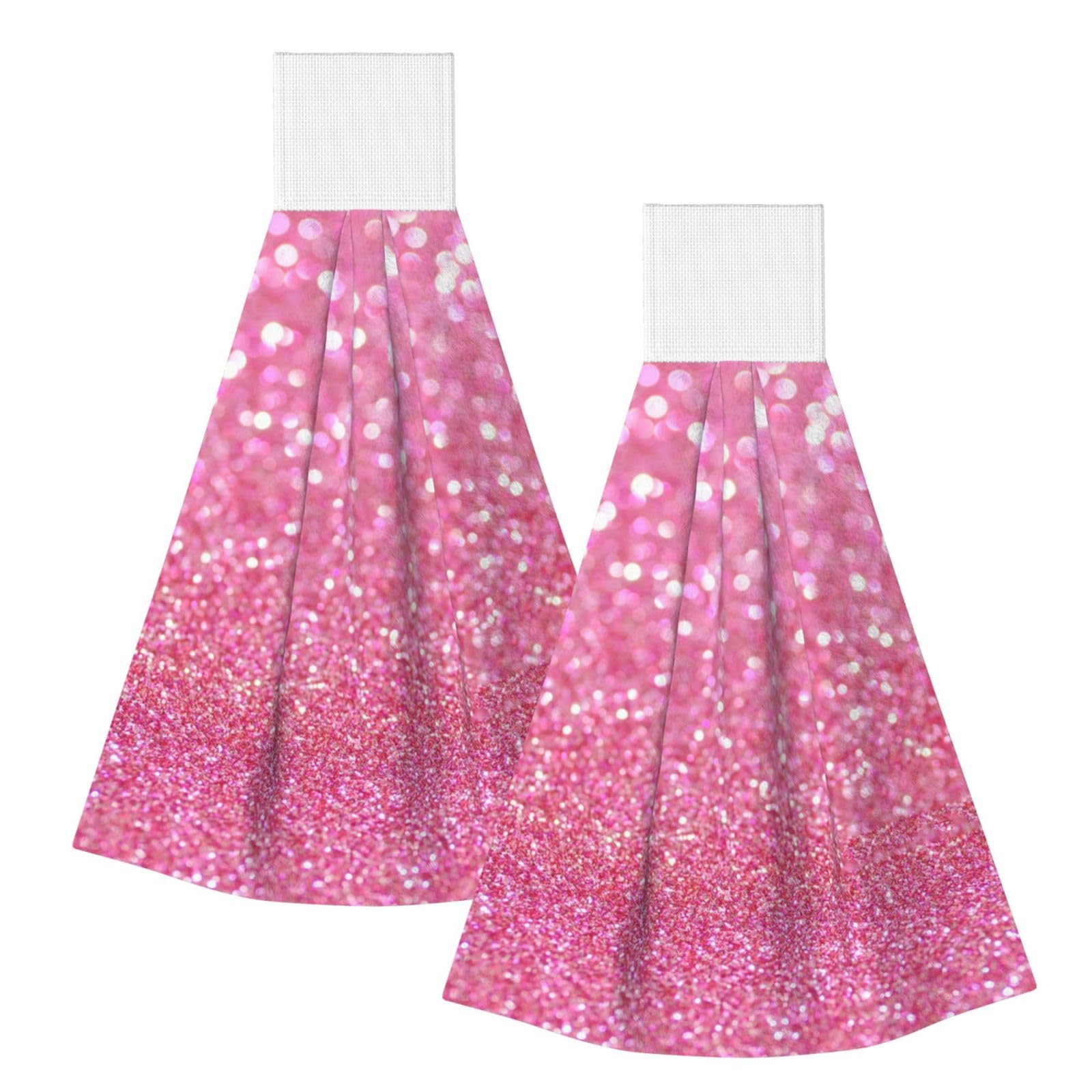 DOPKLNA Pink Glitter, 2 Pcs Hanging Coral Fiber Hand Towels for Bathroom, Absorbent Kitchen Towels
