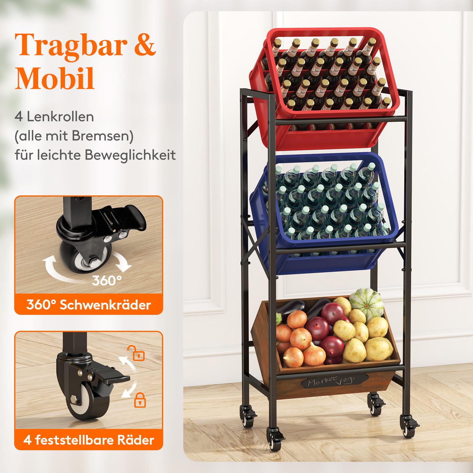 Lifewit Getränkekistenregal 3 Kisten mit Räder, Stabil Kistenregal Metall | trag. 450kg, Bierkisten Regal, Getränkeregal, Wasserkasten Regal, Kastenregal für Bier Getränke Wasser Gemüse Obst