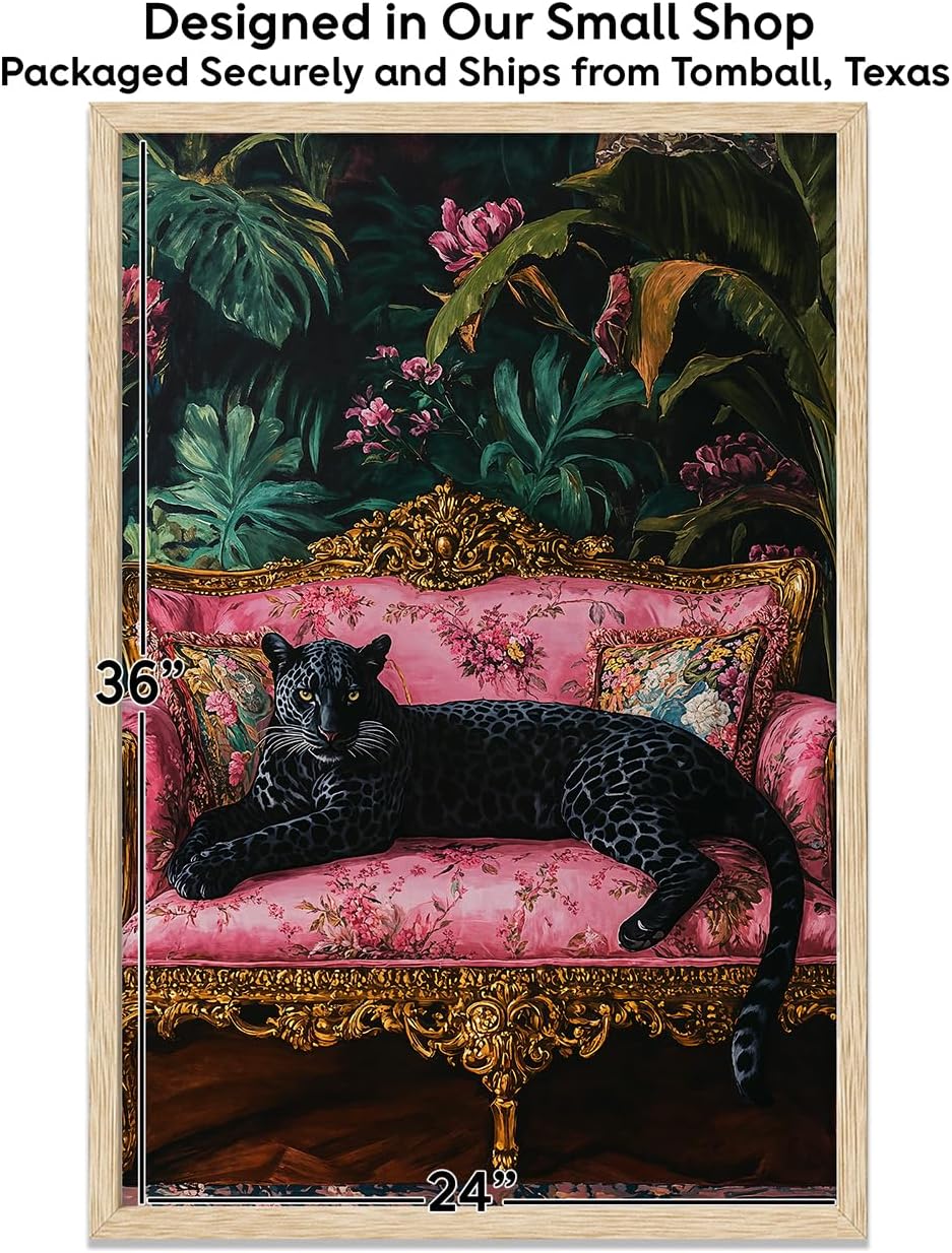 Queen of the House Panther on Ornate Gold Sofa Artwork 24x36 Framed Poster- Luxurious Black Panther Wildlife Art, Tropical Baroque Lounge Decor, Exotic Animal & Floral Artistic Print for Living Room