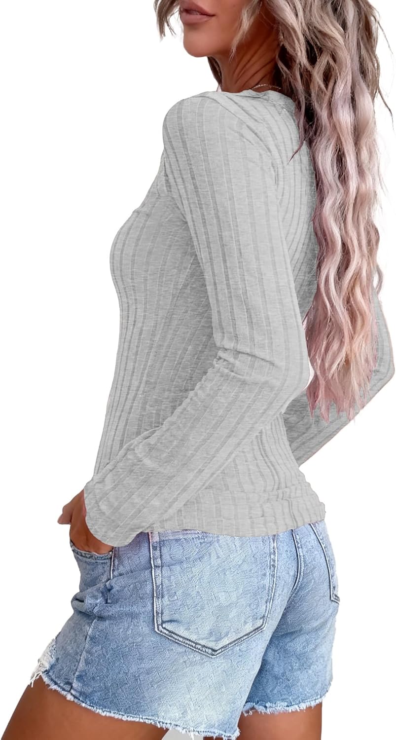 KINLONSAIR Women’s Long Sleeve Henley T Shirts Button Down Slim Fit Tops Scoop Neck Ribbed Knit Shirts - Image 3