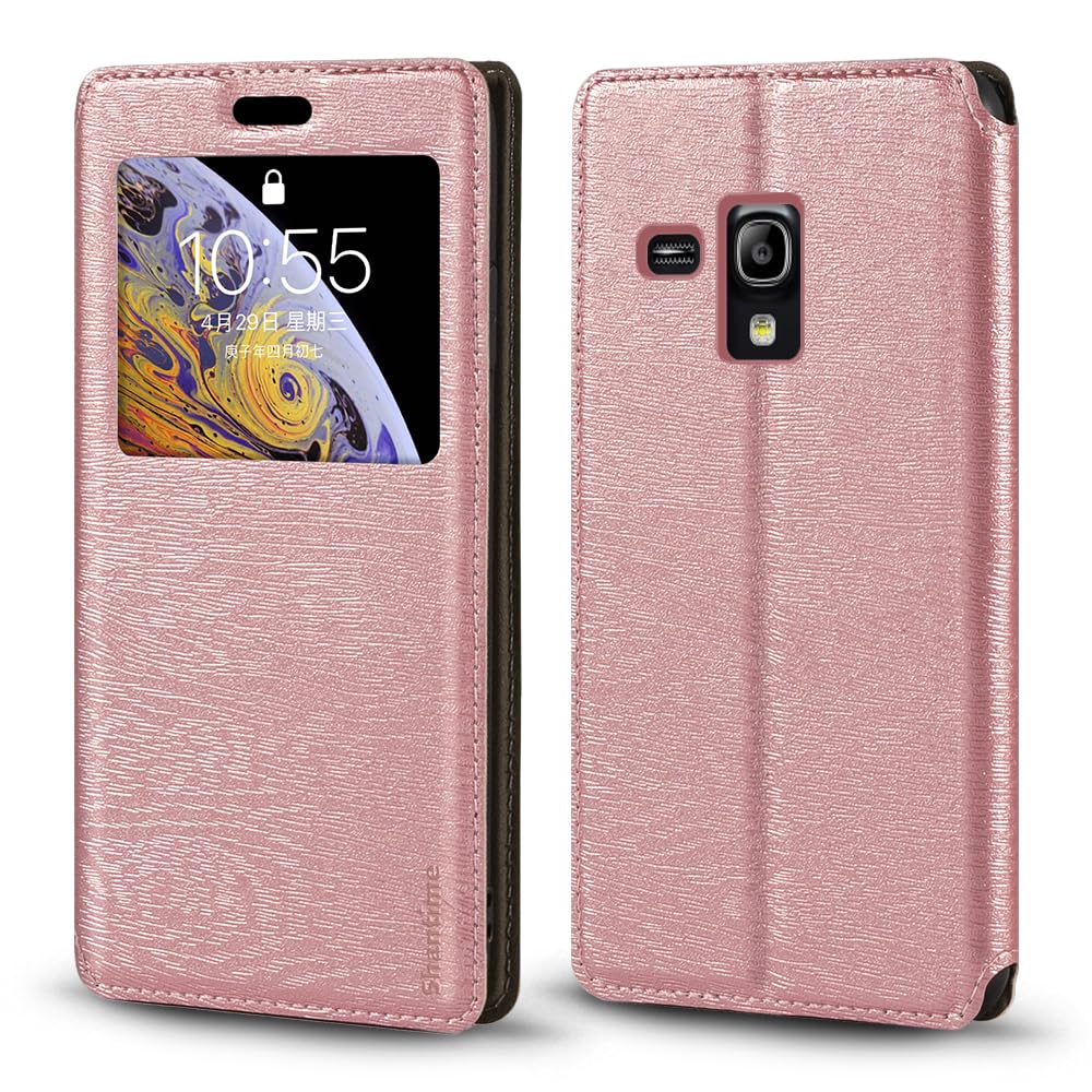 Viewable Window Leather Flip Case Compatible with Samsung Galaxy S3 Mini i8190, Elegant Design Clear Display Invisible Magnetic Cover and Card Slot(Rose Gold)