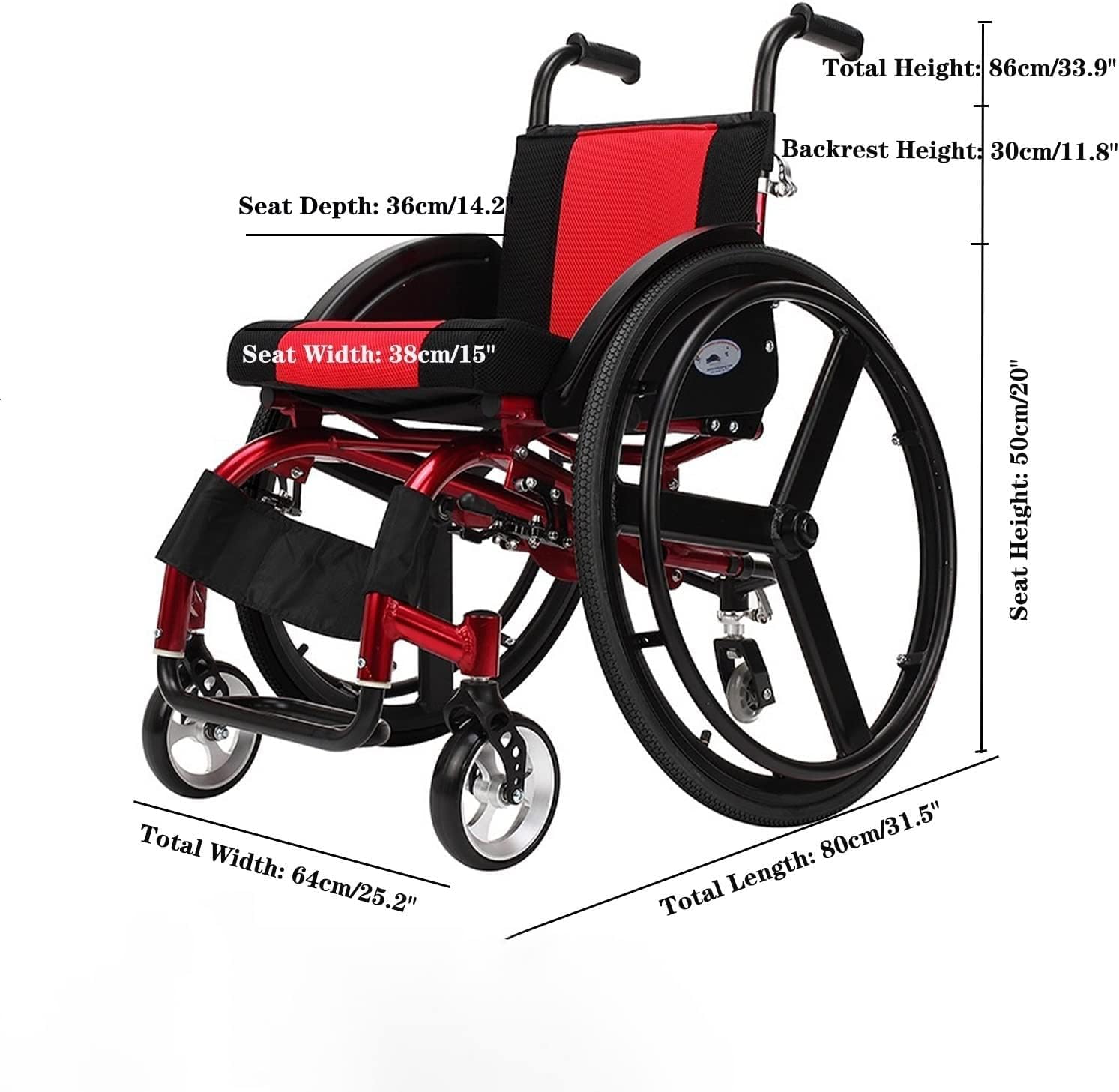 Sedia a Rotelle per il Tempo Libero Sportiva Carrozzina per Adulti Semovente Leggera Pieghevole in Alluminio Ammortizzata Manuale