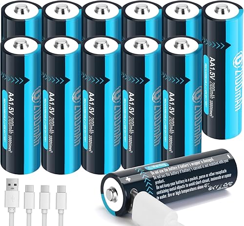 Baterías de litio recargables USB de 1.5 V, tamaño AA, batería doble A de larga duración de 2100 mAh con cable de carga, paquete de 12