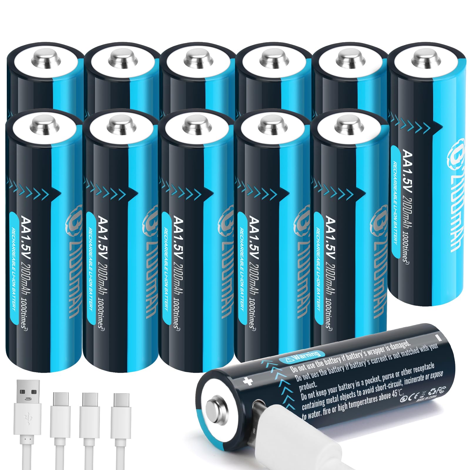 USB Rechargeable 1.5V Lithium Batteries AA Size,Long-Lasting Double A Battery 2100mAh with Charging Cable 12 Pack