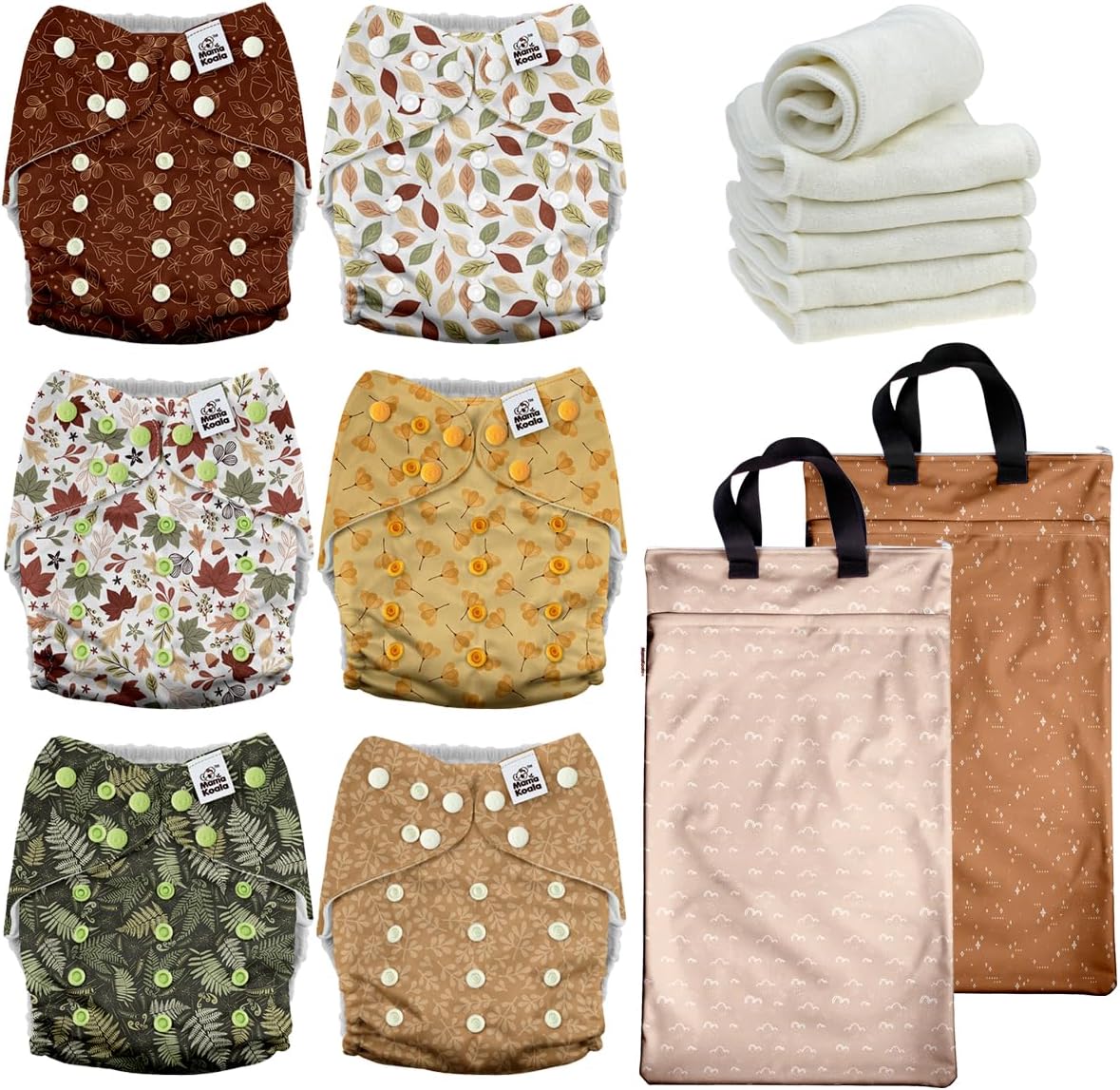 Mama Koala 3.0 Baby Cloth Diapers with 6 Inserts Bundle(A-Falling Leaves), with 2 Pack Reusable Hanging Wet Dry Bag