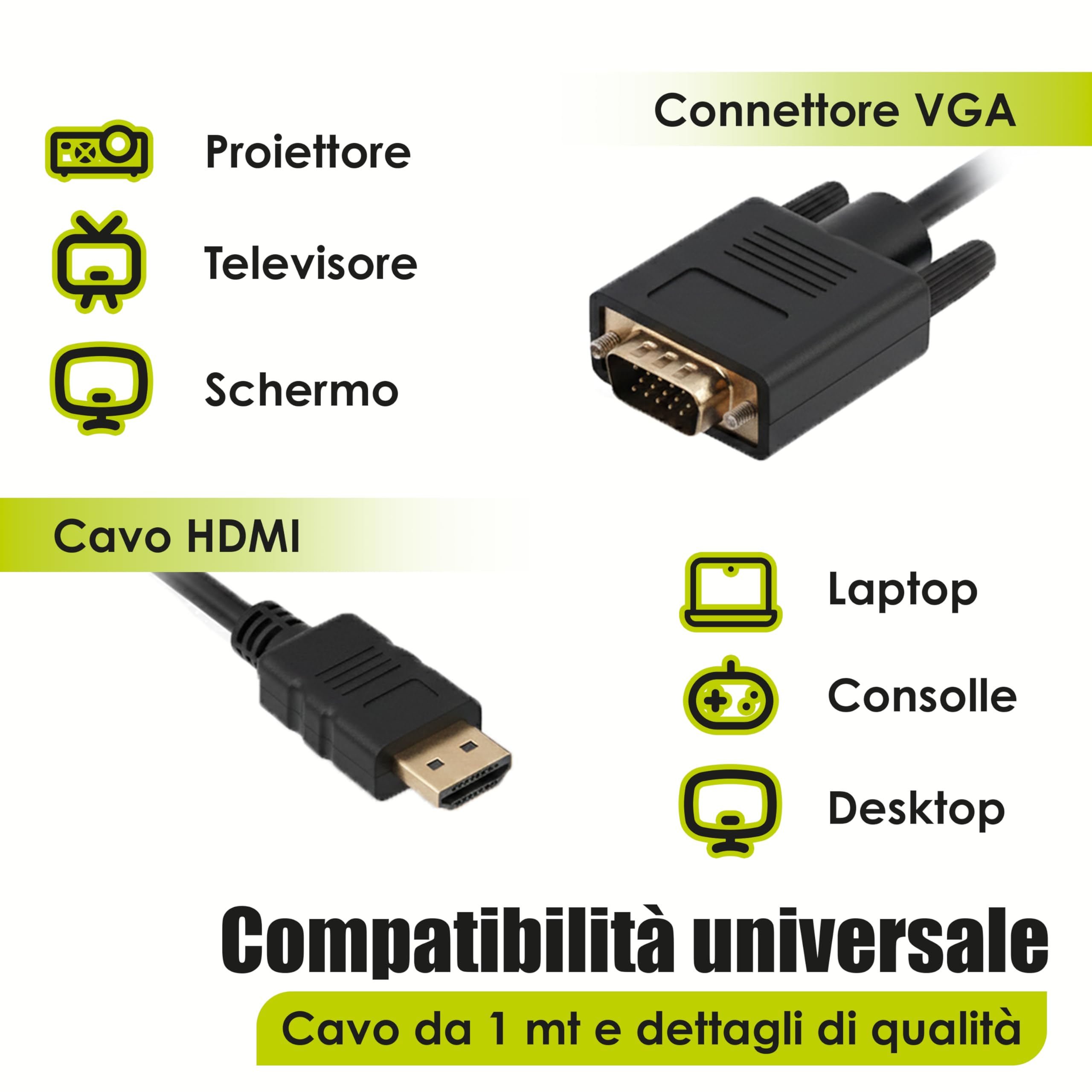 Generico Cavo Convertitore HDMI a VGA Unidirezionale, Adattatore HDMI VGA 1080p con Cavo 1m, Compatibile PC, Laptop, Console e Proiettore, Trasmissione Video Stabile - Non Compatibile con MacBook