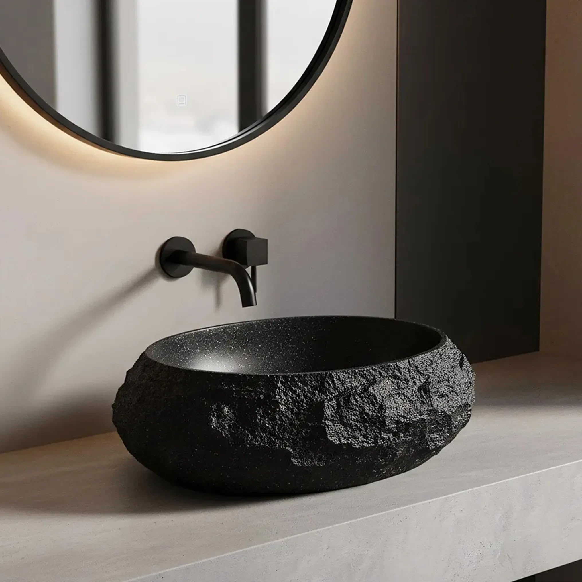 Rea - Lavabo sobre encimera Mika - Piedra Compuesta Artificial - Negro - 48x38x11,5 cm