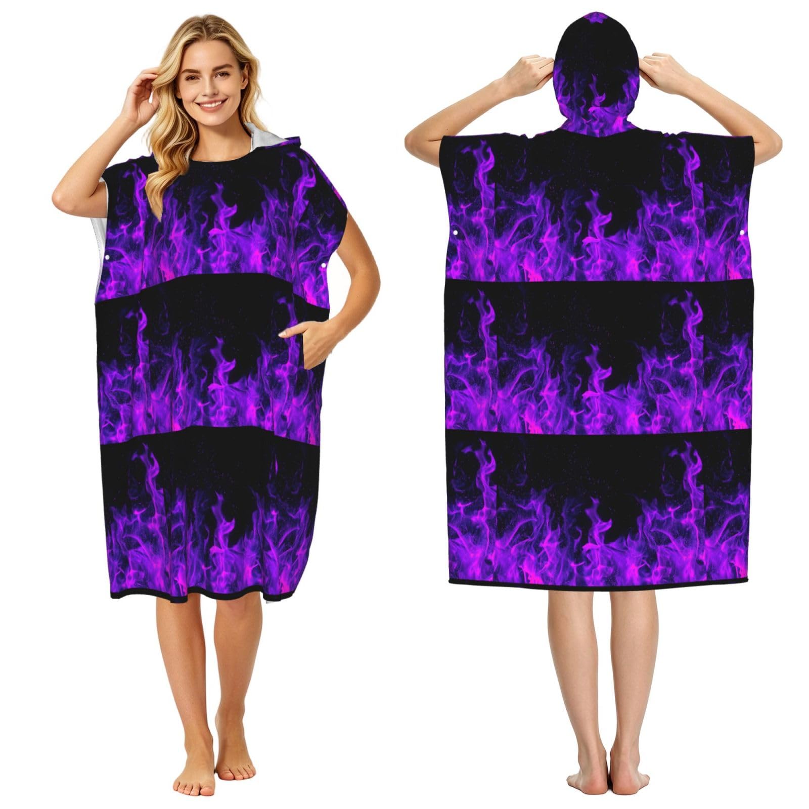 Poadnly Purple Flame, Adult Hooded Beach Towel 90 x 110 cm,Changing Bath Robe, Surf Poncho Towel For Women Men