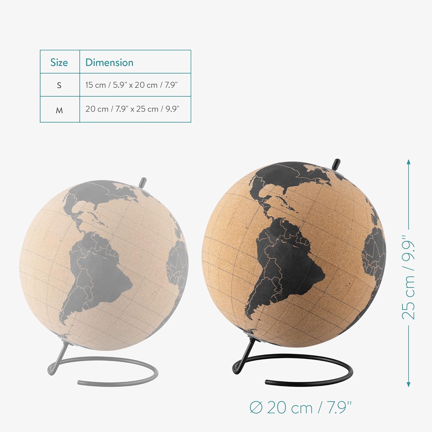 Navaris Cork Globe with Pins - 8" Globe Travel Decor World Map with Push Pin Markers - Includes 10 Wood Location Marker Pushpins - Size M, Black Print