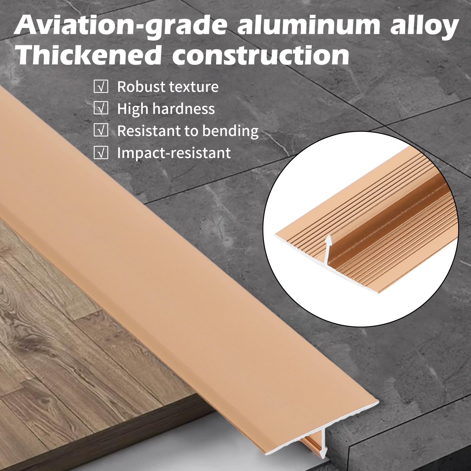 Moldura en T de Aluminio y Tiras de Transición para Suelo 3 piezas Perfil en T de Metal 0,9 m × 2 cm Tira Divisora para Umbral de Puerta y Huecos de Suelo de Tarimas (Oro)