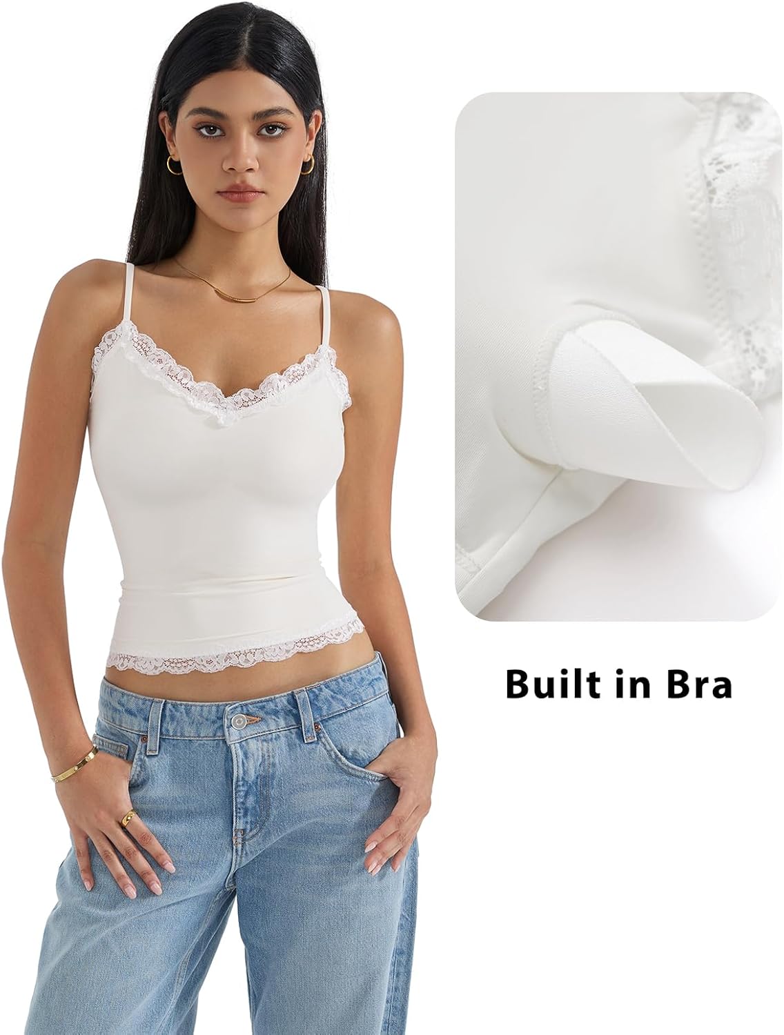 SUUKSESS Women Padded Lace Double Lined Tank Tops Sexy V Neck Summer Going Out Top - Image 3