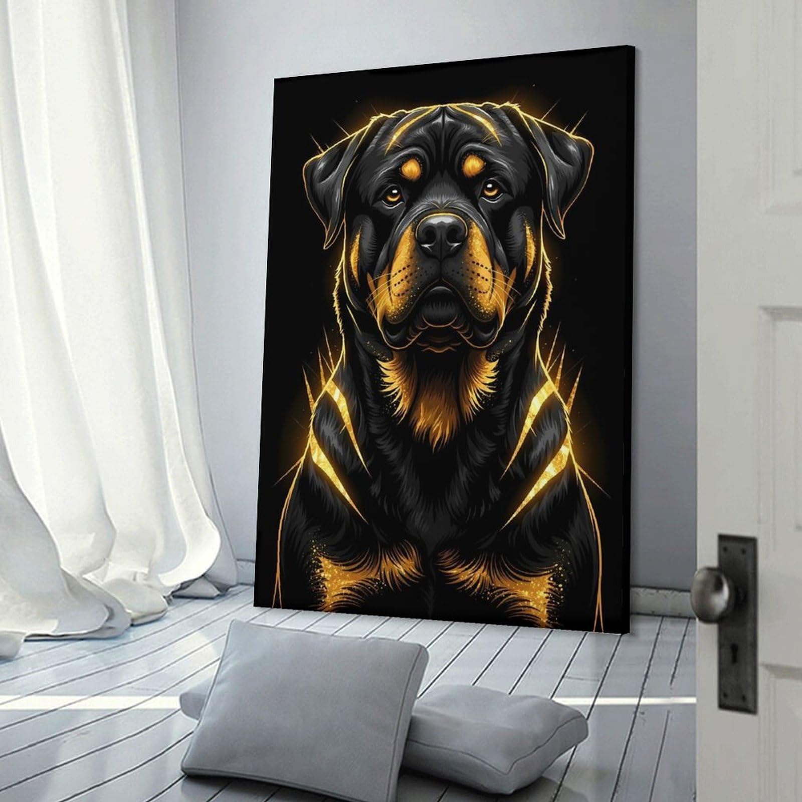Junmoney Frame-Style-22 Rottweiler Portrait With Golden Accents Canvas Wall Decor, 12X18inch(30X45cm), For Wall Displays, Bedrooms Or Room Updates, Wall Decor Suited To Curated Displays