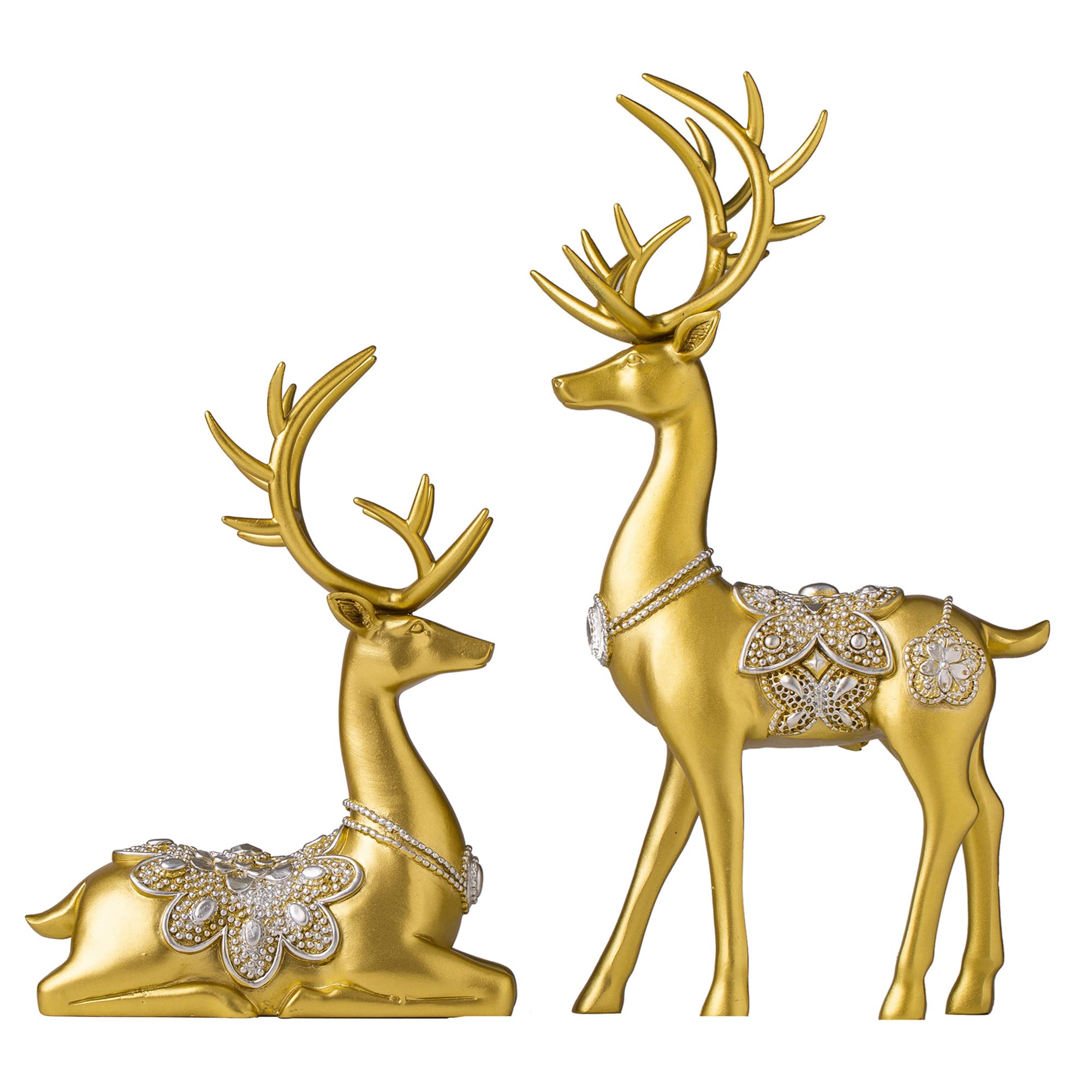 MAYIAHO Statues for Home Decor Figurines Sculptures 11.4" Reindeer Blue Large Deer Center Table Living Room Resin 2pcs Big Shelf Accents Bookshelf Fireplace Items Christmas Unique (Gold-1)