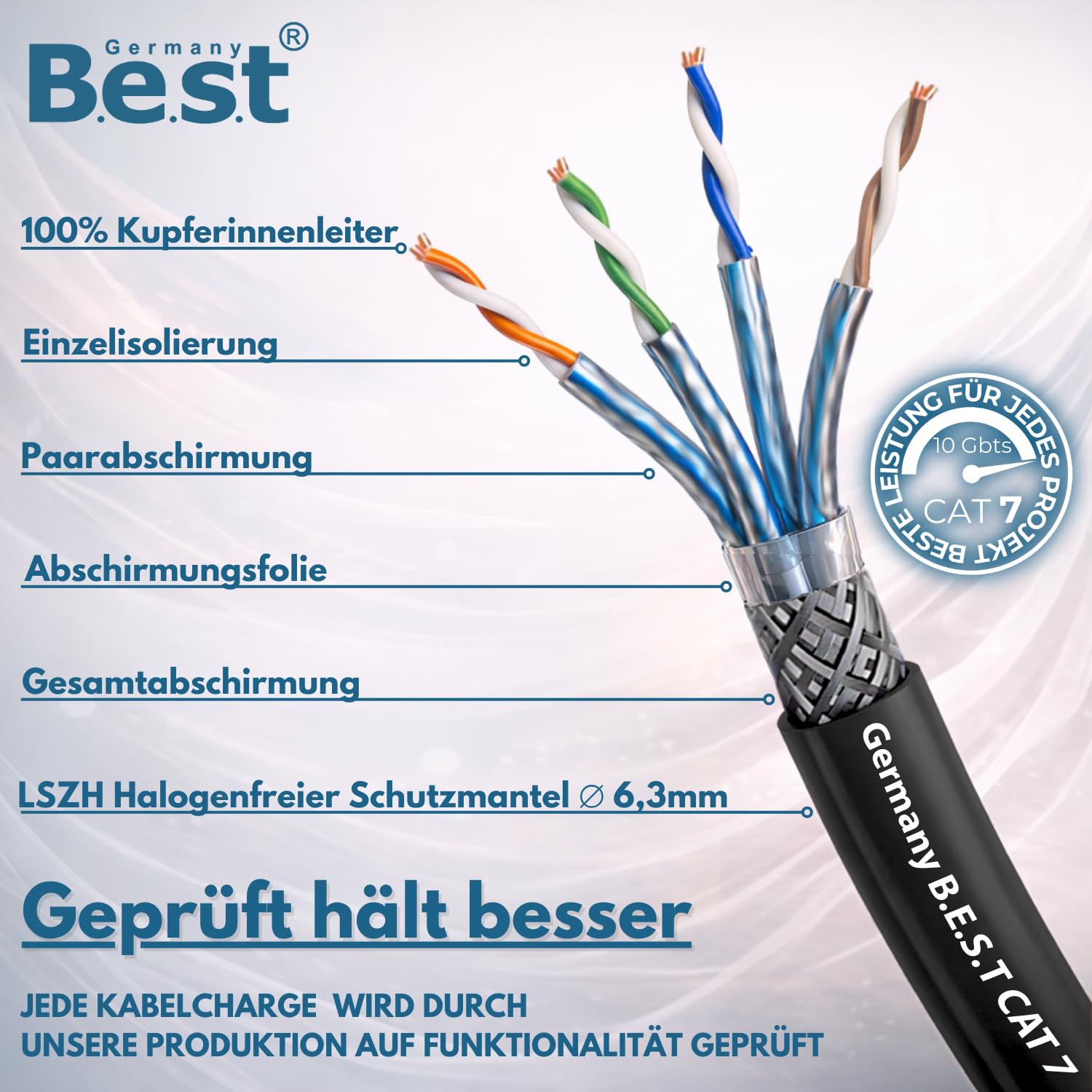 Germany B.e.s.t Cavo di rete CAT 7, 200 m, Simplex, cavo di rete per esterni, LAN, cavo Ethernet, S/FTP, 10 Gbps, catat 7, in puro rame PoE+ LSZH