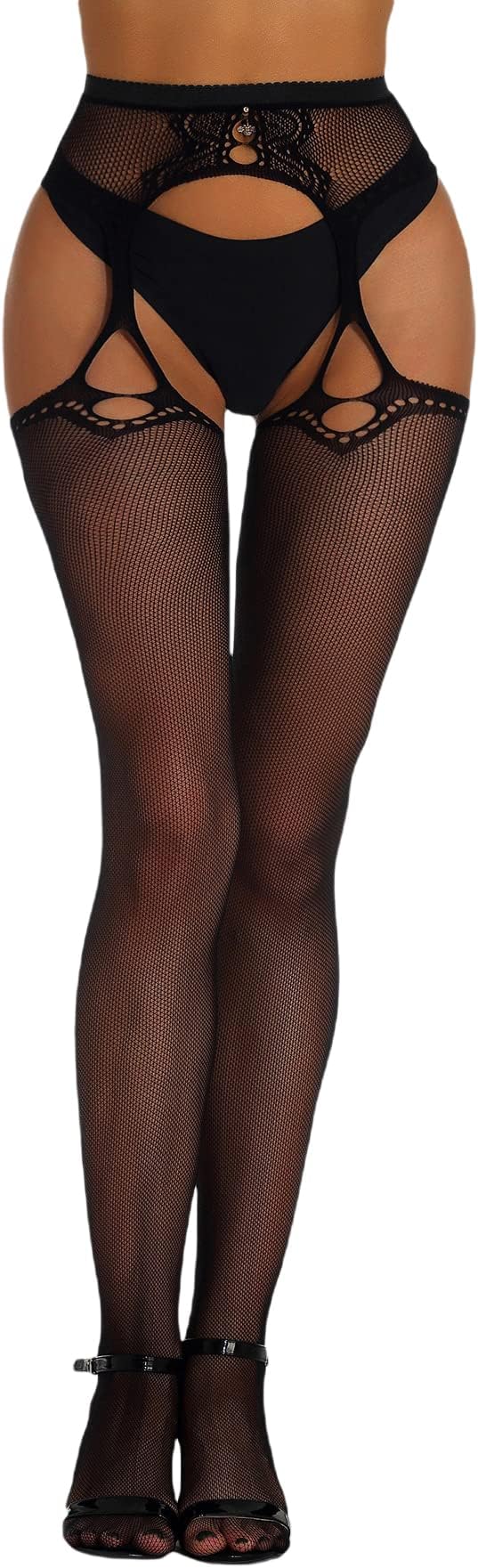 Women's Fishnet Stockings Tights High Waist Cut Out Lace Fishnets Suspender Pantyhose