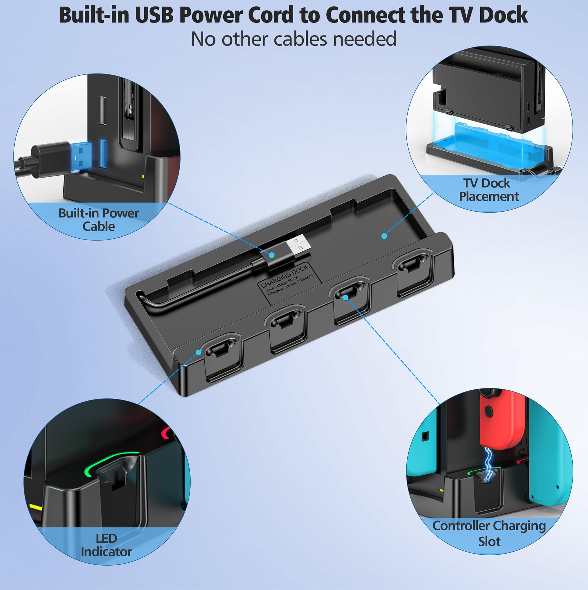 Chargeur Joy-Con pour Nintendo Switch/Switch OLED, Station de Charge avec Indication LED, Support de Station de Charge NS et Accessoires avec Câble de Charge de Type C