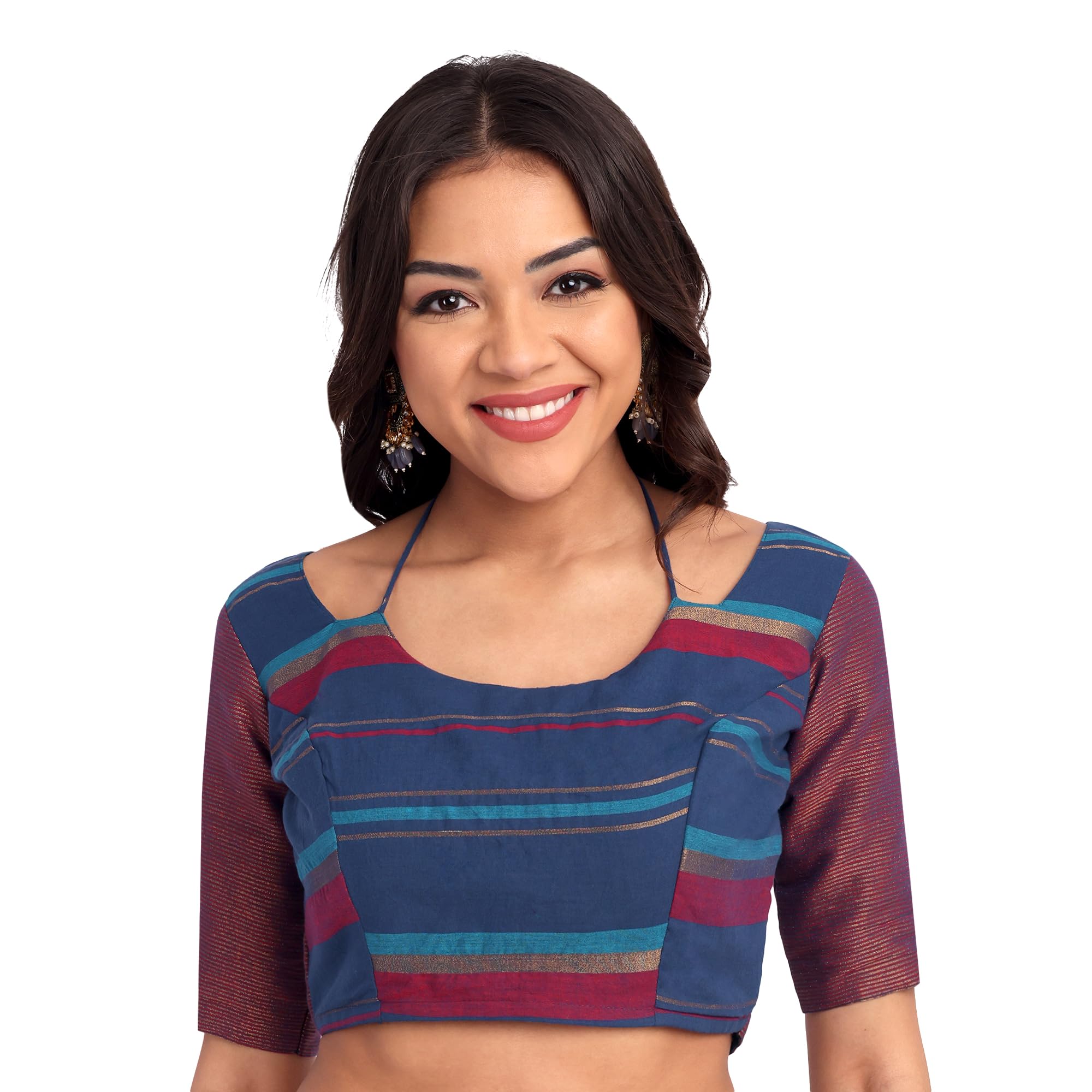 Zari Cotton Multi Colour Stripes Halter Knot Back Open Blouse,-image-11