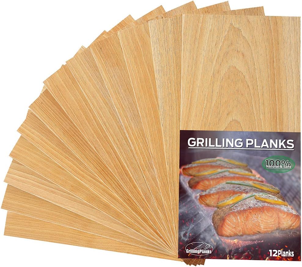 GrillingPlanks 12 Pack Cedar Planks for Grilling Salmon, Fish, Meat and Veggies. Add Extra Smoke and Flavor, Fast Soaking, Easy Using Cedar Grilling Planks : Patio, Lawn & Garden