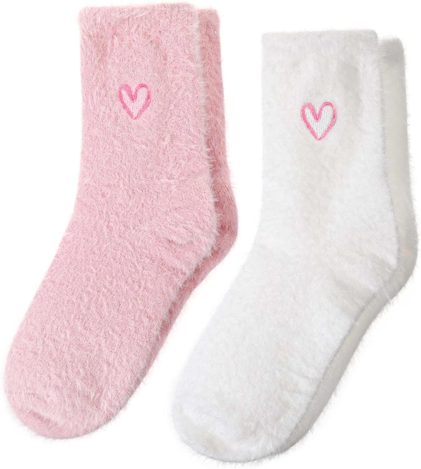 2 Pairs Super Soft Fuzzy Socks for Women, Winter Embroidered Heart Sleeping Socks