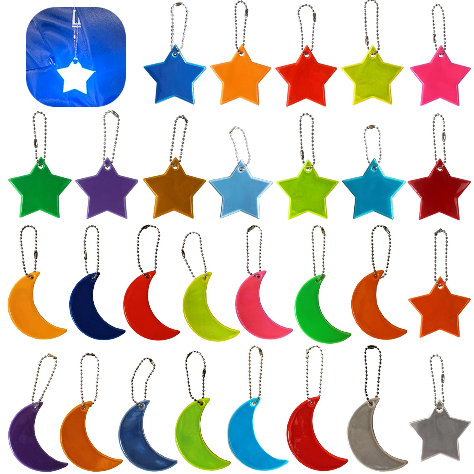 TYXHXTF28PCS Safety Reflector Pendant, Moon Star Safety Reflector with Chains, Reflective Strips Reflectors Pendants Waterproof Reflective Keychain Kids for Backpack Night Cycling Running