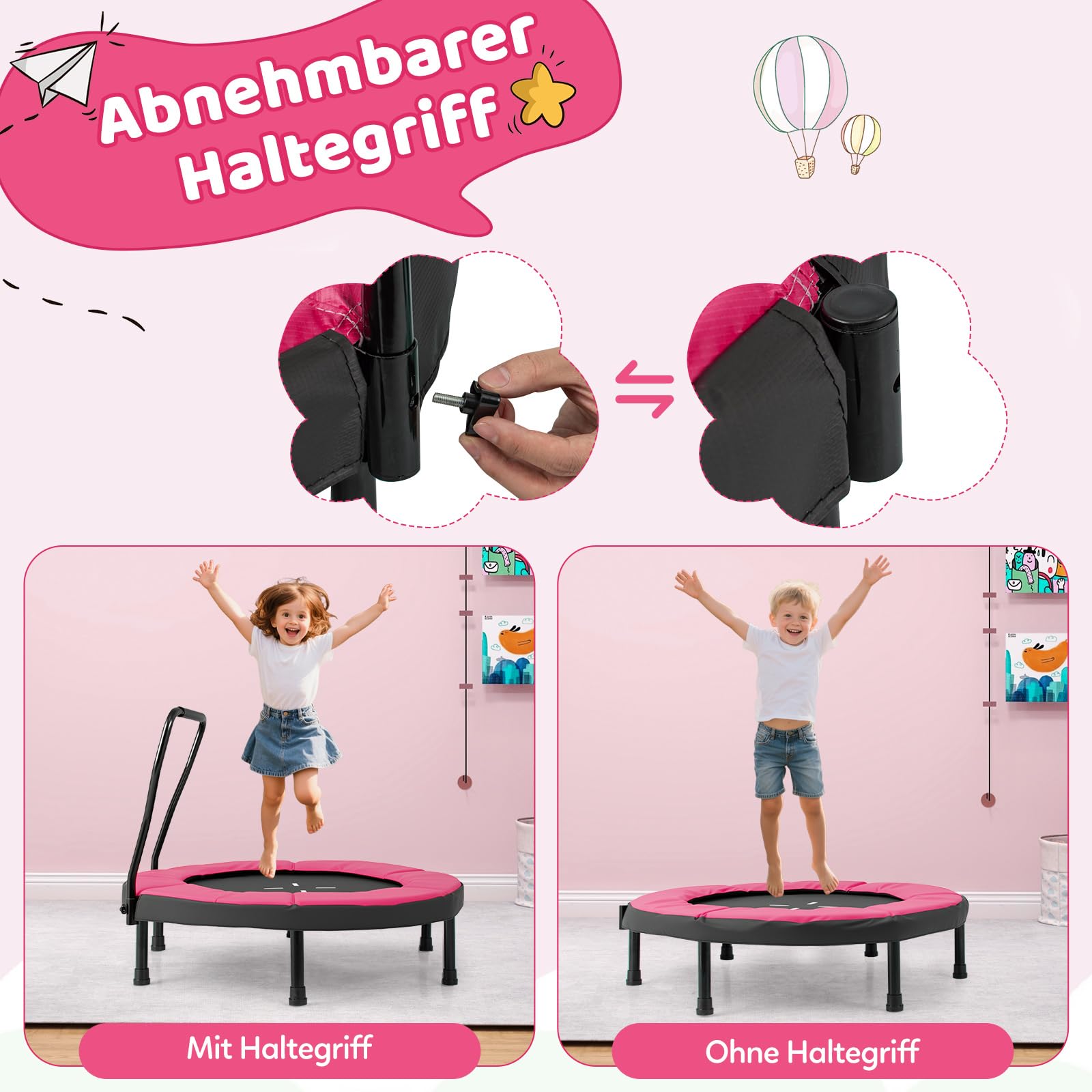 COSTWAY Ø102 cm Kinder Trampolin, Fitness-Trampolin Indoor mit Abnehmbarer Haltegriff, Minitrampolin bis 100 kg belastbar, Gartentrampolin Outdoor für 3-6 Jahre Kinder