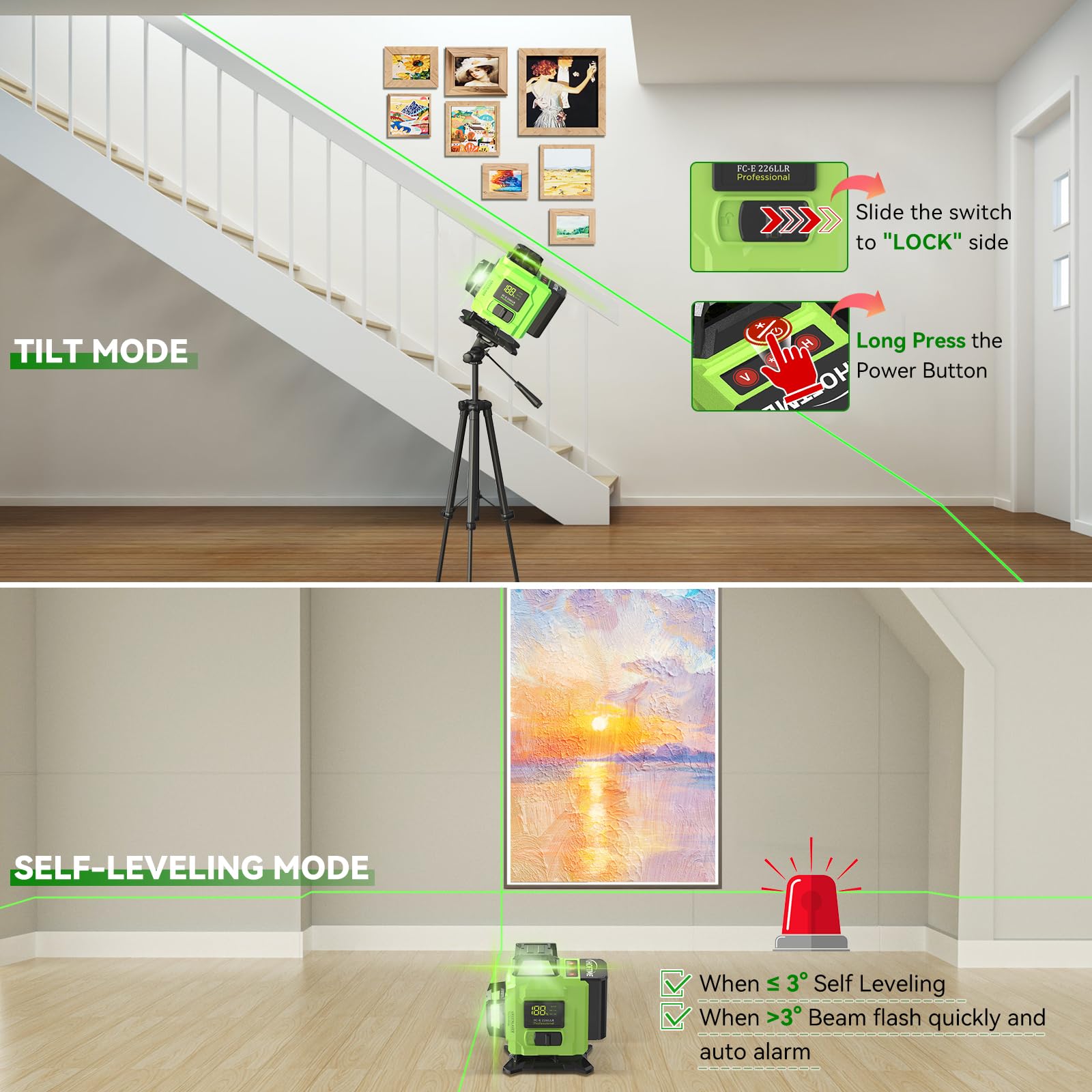 DELPHI Kruislijnlaser 4D 16 lijnen 360° groen zelfnivellerend - Laserwaterpas met USB-C accu, afstandsbediening, extra batterij, IP54 voor bouwplaats, renovatie en binnenshuis