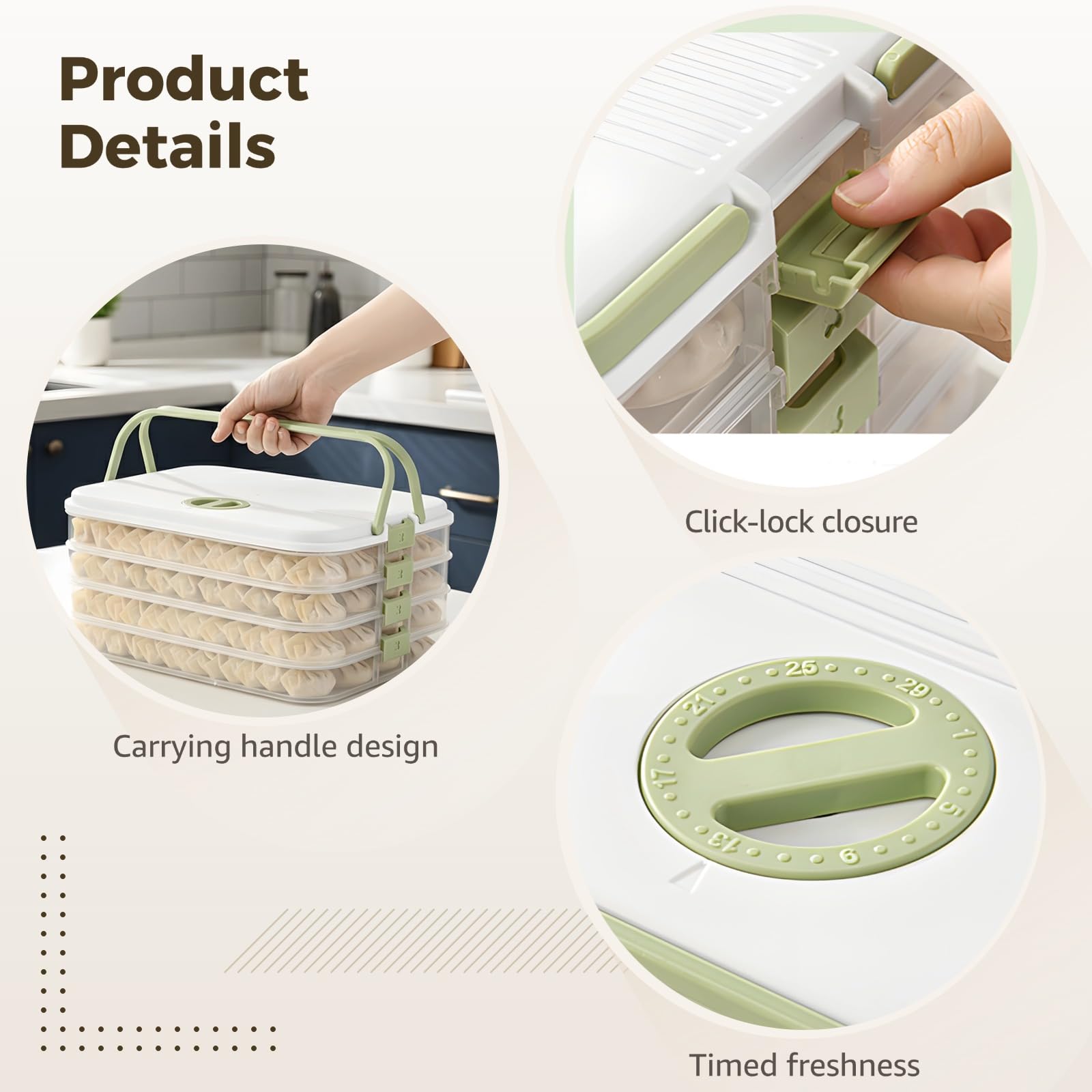 Dumpling Aufbewahrungsbehälter, 4-lagiger stapelbarer Organizer für Tiefkühl-Lebensmittel mit tragbarem Griff, verschlossene Kühlschrankbox für Dumplings, Cookies, Gebäck, 30 cm x 22,5 cm x 14,5 cm