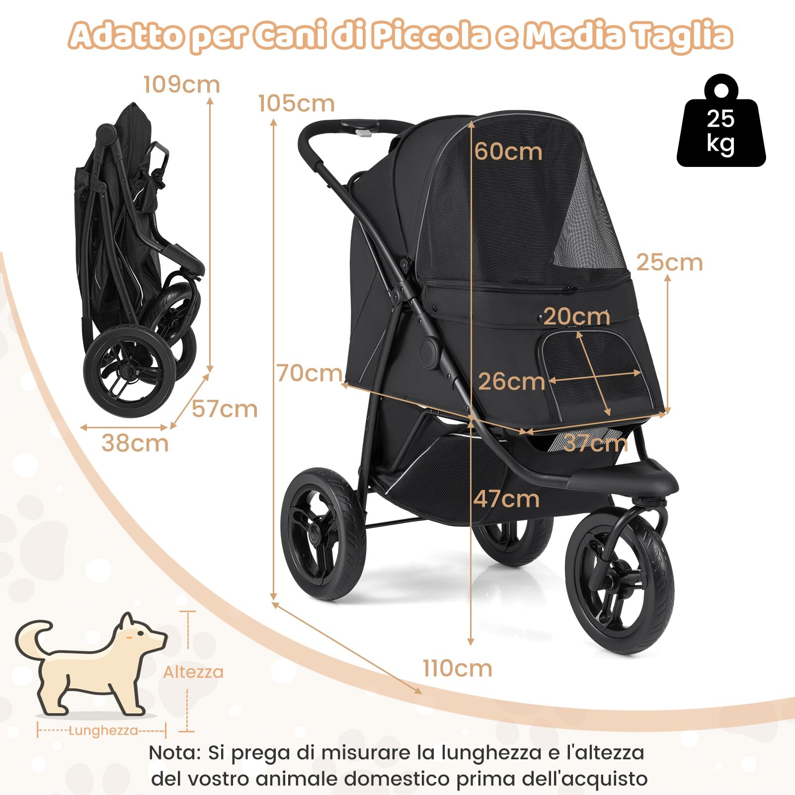COSTWAY Passeggino a 3 Ruote per Cani Piccoli e Medi, Passeggino Pieghevole per Gatti con Freno a Pedale Singolo, Tenda Regolabile, Cestino, Cuscino e Guinzaglio di Sicurezza, Portata 25 Kg (Nero)