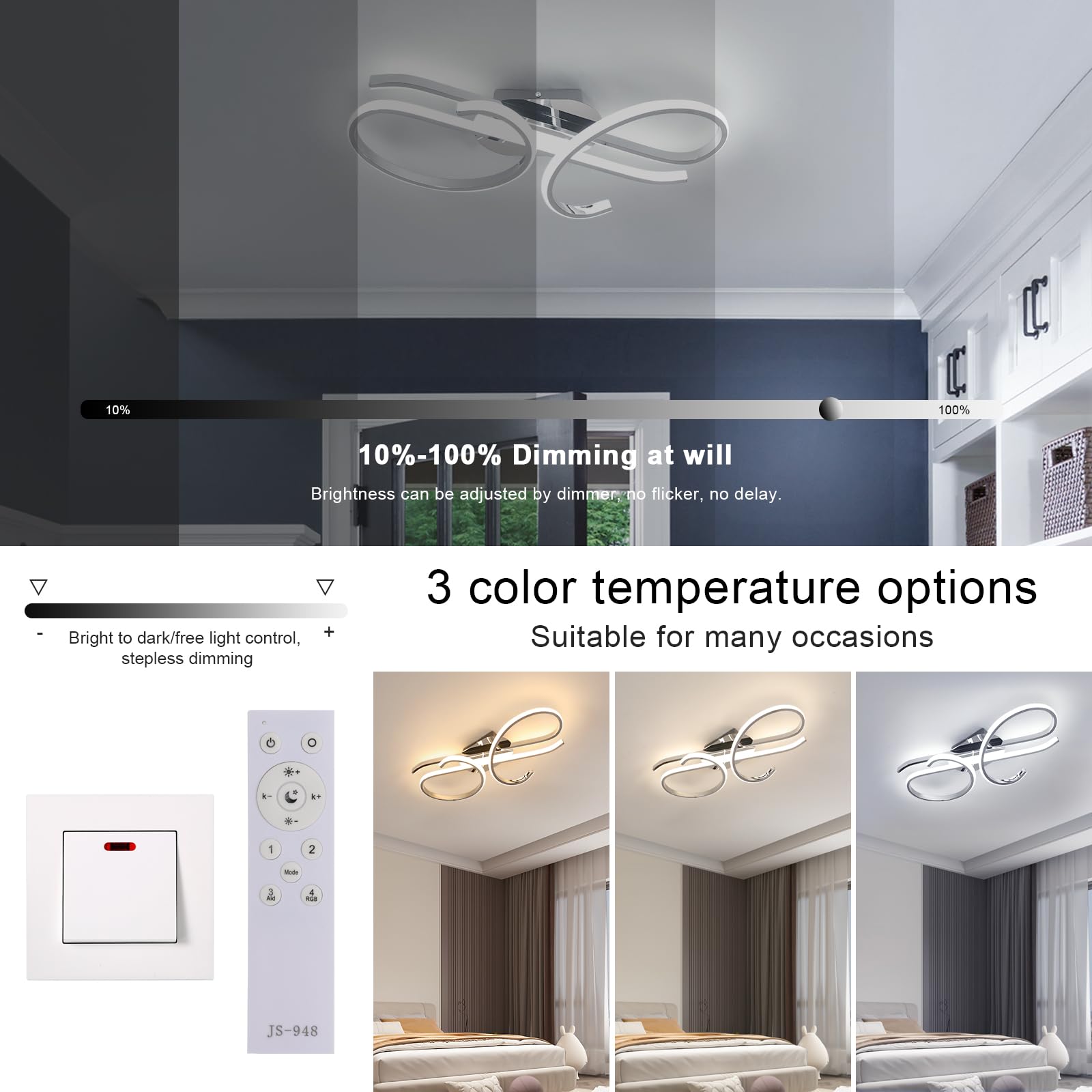 DELIPOP Plafoniera LED Soffitto Dimmerabile, 30W Lampadario Soffitto Moderno con Telecomando 3000K-6500K, Cromato Plafoniera Design Curvo Musicale per Camera da Letto, Soggiorno, Ingresso & Hotel
