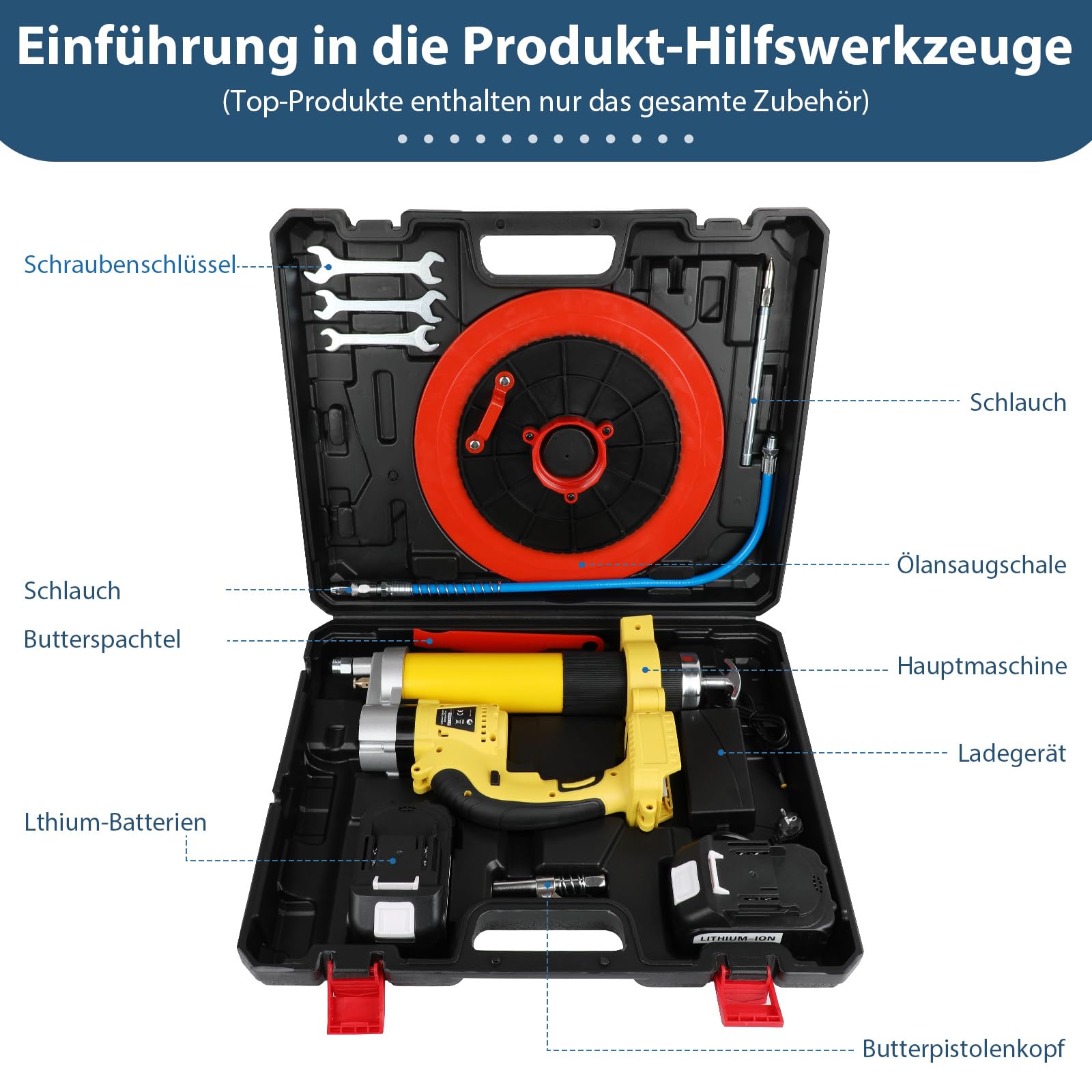 ASUNCELL Akku-Fettpresse 18V, Elektrische Fettpresse Kit mit 2 Batterien und Ladegerät, 8000 PSI Bürstenloser Motor, 18 Volt 5500mAh Akku Fettpresse von Fahrzeugen und Maschine
