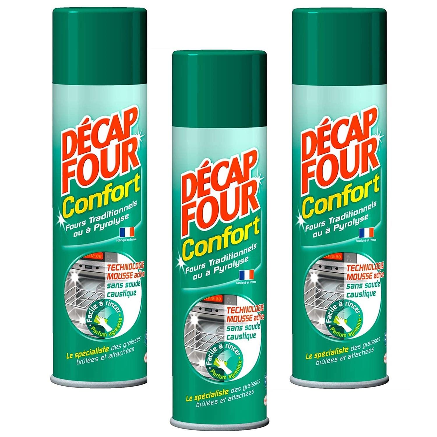 Decap Four Lot de 3 Aérosols 500 ml Nettoyant Ménager pour Fours traditionnels ou à Pyrolyse Mousse