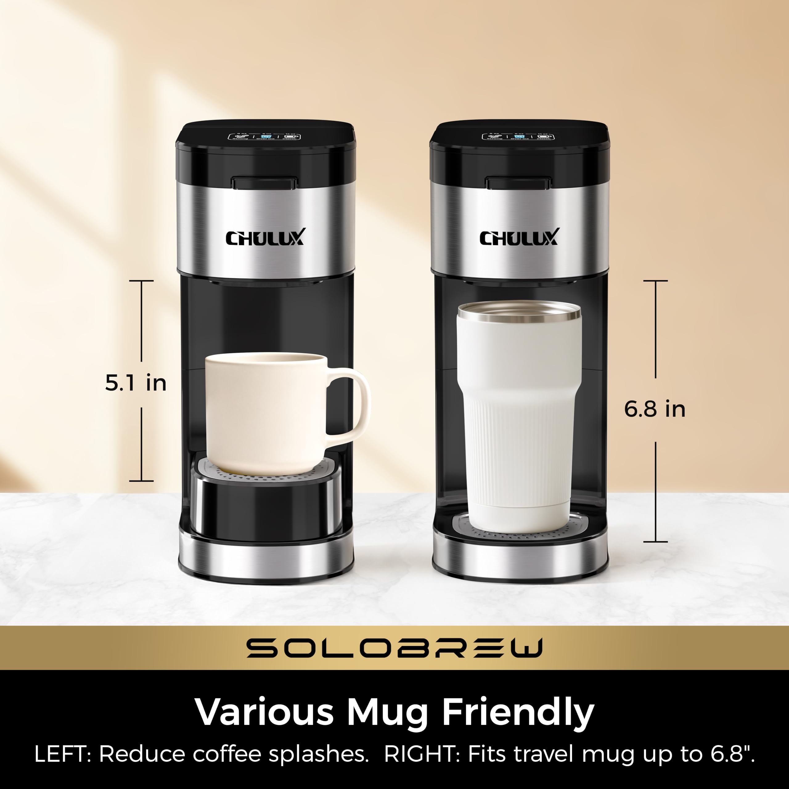 CHULUX SoloBrew Single Serve Coffee Maker, for K Cup and Ground, 3 Brew Sizes with Strong Button & Over Ice Feature, 14oz Removable Reservoir, for Home, Travel, RV, Office and Dorm — view 7