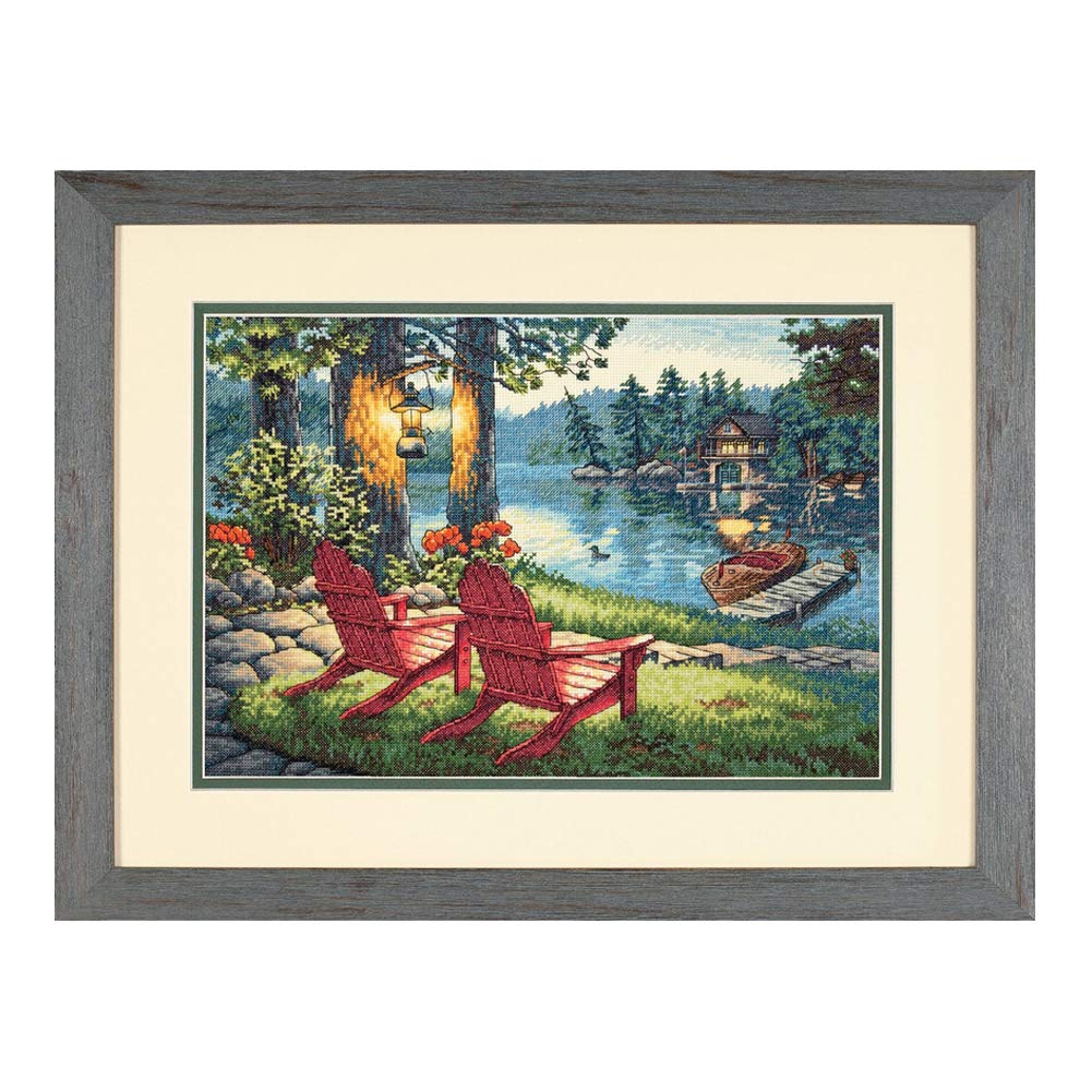Joyautum 14ct Counted Cross Stitch Kits, Twilight's Calm Lake House European lanscape Embroidered Set for Needlework Sewing (14ct Blank Fabric)