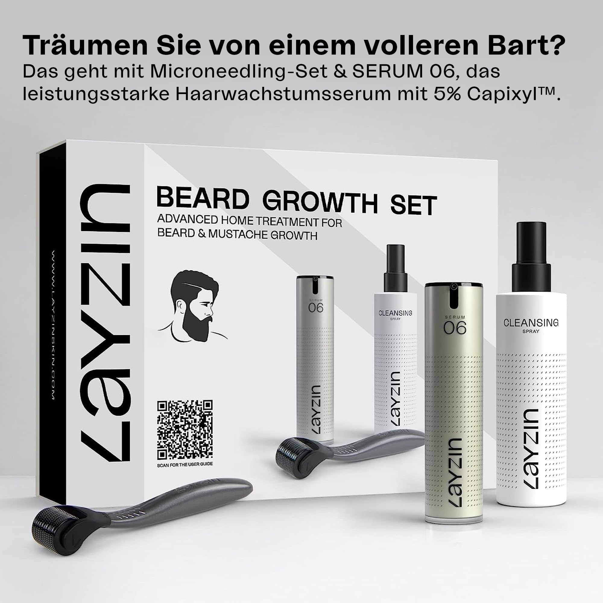 Bartwachstums-Kit – Fördert das Wachstum von Bart & Schnurrbart – Derma-Roller-Griff mit 0,55 mm Roller-Kopf (Größe M), Serum 06 & Cleansing Spray – Für dünnes Gesichtshaar – Unisex