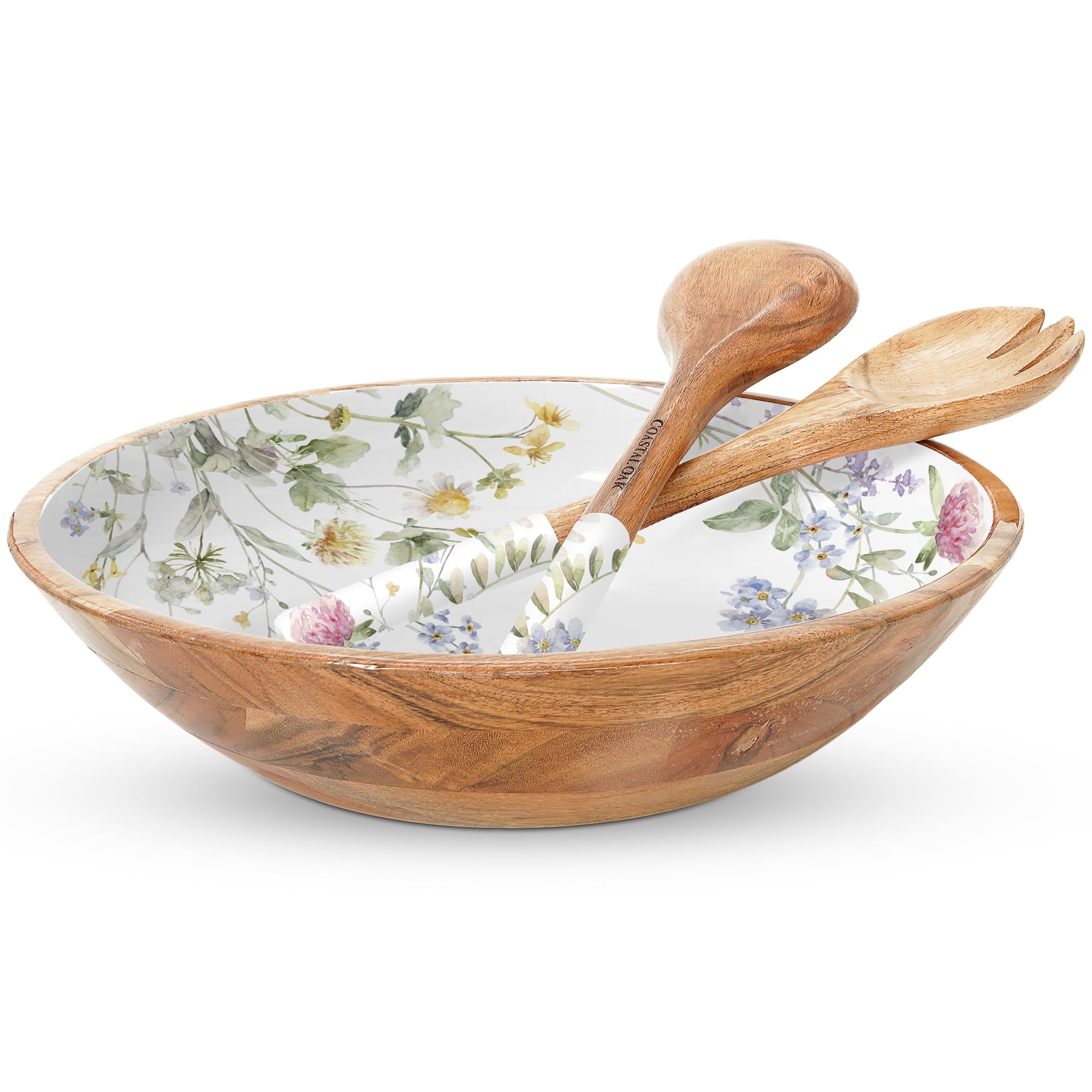 Juego de cuencos grandes de madera – Ensaladera de madera de acacia prémium de 13 pulgadas con servidores – Cuenco decorativo de madera con tenedor y cuchara – Frutero – Cuencos para