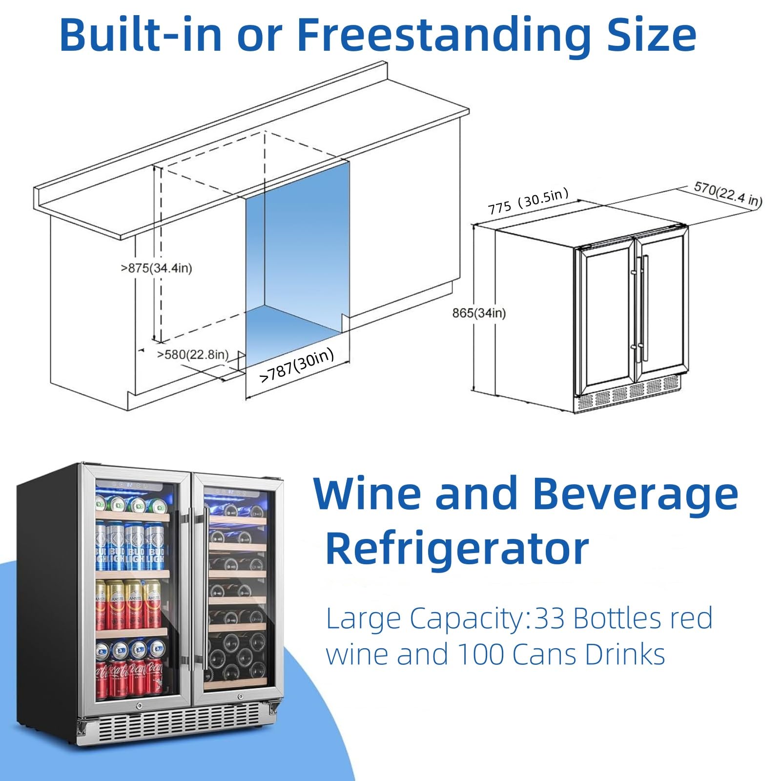 Wine and Beverage Refrigerator with Smart Temperature Control, Large Capacity Wine Cooler 33 Bottles and 100 Cans, Built-In or Freestanding, LED Light, Compressor Cooling for Wine, Champagne, Drinks on Fridge.com