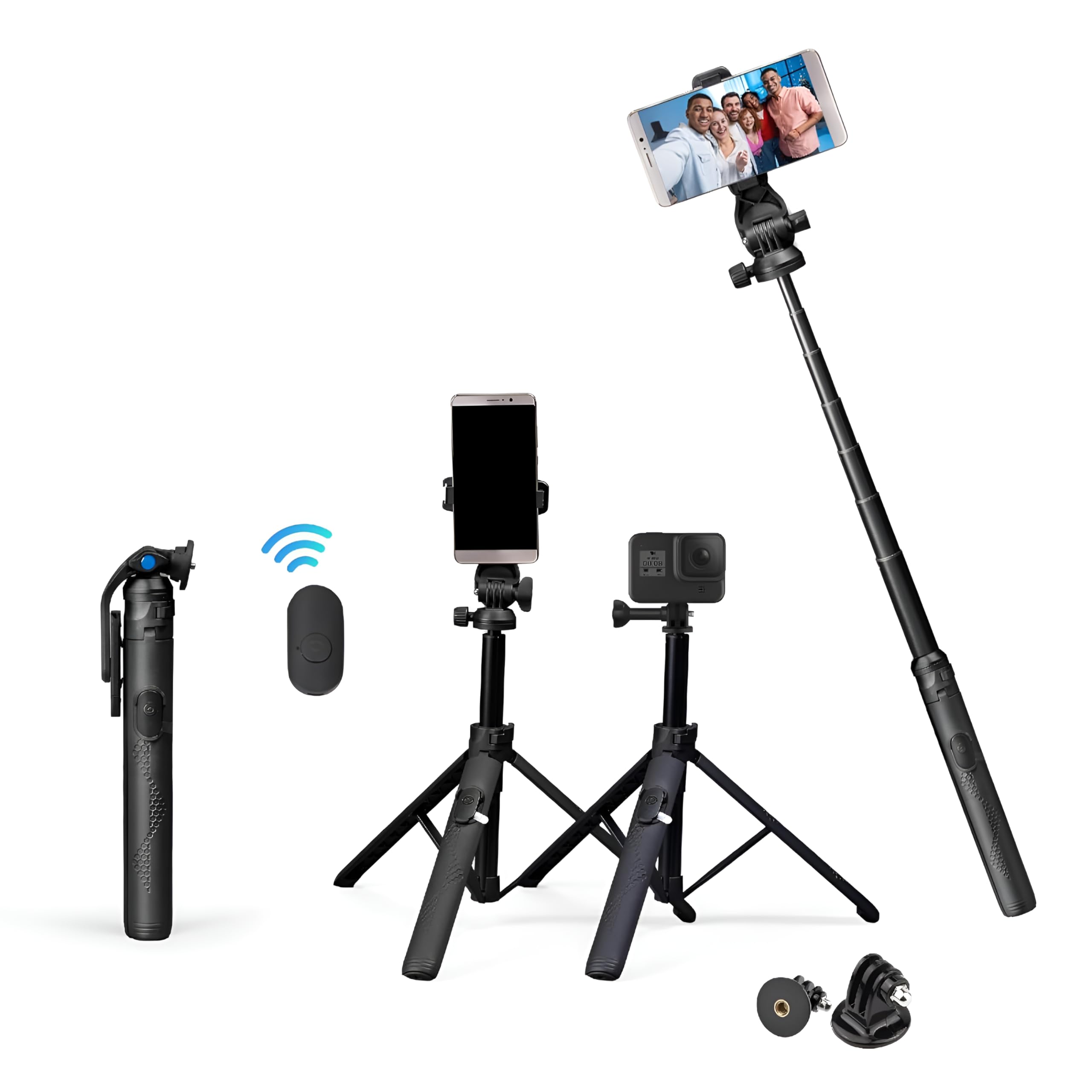 (DTR-525 SS) 160 CM Long Tripod Selfie Stick with Wireless Remote, Aluminum Rod with 3 Legs Base, 360° Head, GoPro Adapter, 7 Section Adjustment - Compatible with Phones & Action Cameras