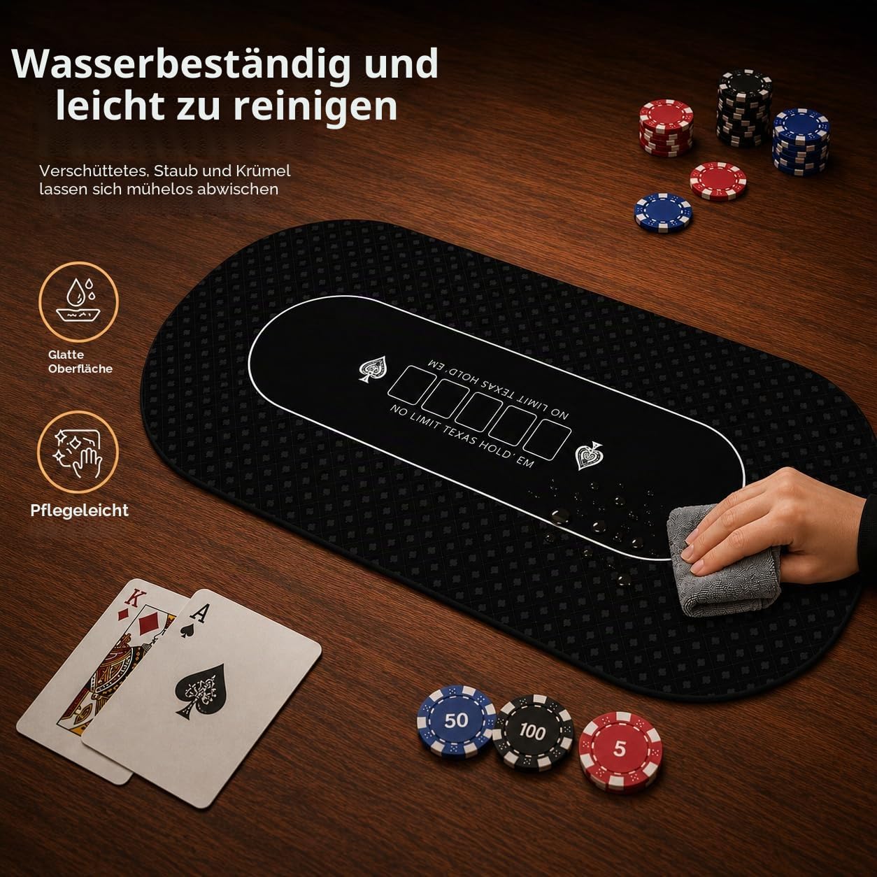 Pokermatte 180 × 90 cm, 10 Spieler Texas Hold'em Poker Gummimatte, Poker-Topper für Tische, zusammenklappbar, tragbar, Pokertisch-Layout mit Tragetasche für Pokerspiele, Blackjack