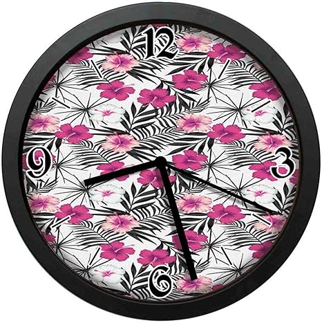 Amazon Co Jp 葉の単色の背景にピンクの白いハイビスカスの花シンプルでレトロなファッション掛け時計 直径 25センチ ホーム キッチン