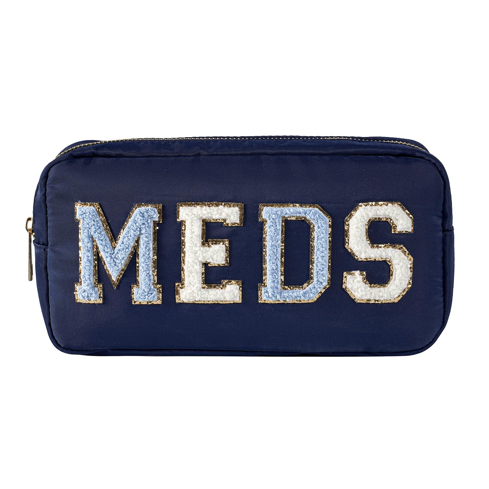 uekeboag Personalized Chenille Letter Patch MEDS Bag,Cute Nylon Drug Medicine Travel Makeup Bag with Zipper, Preppy Vitamin Organizer Bag for Women