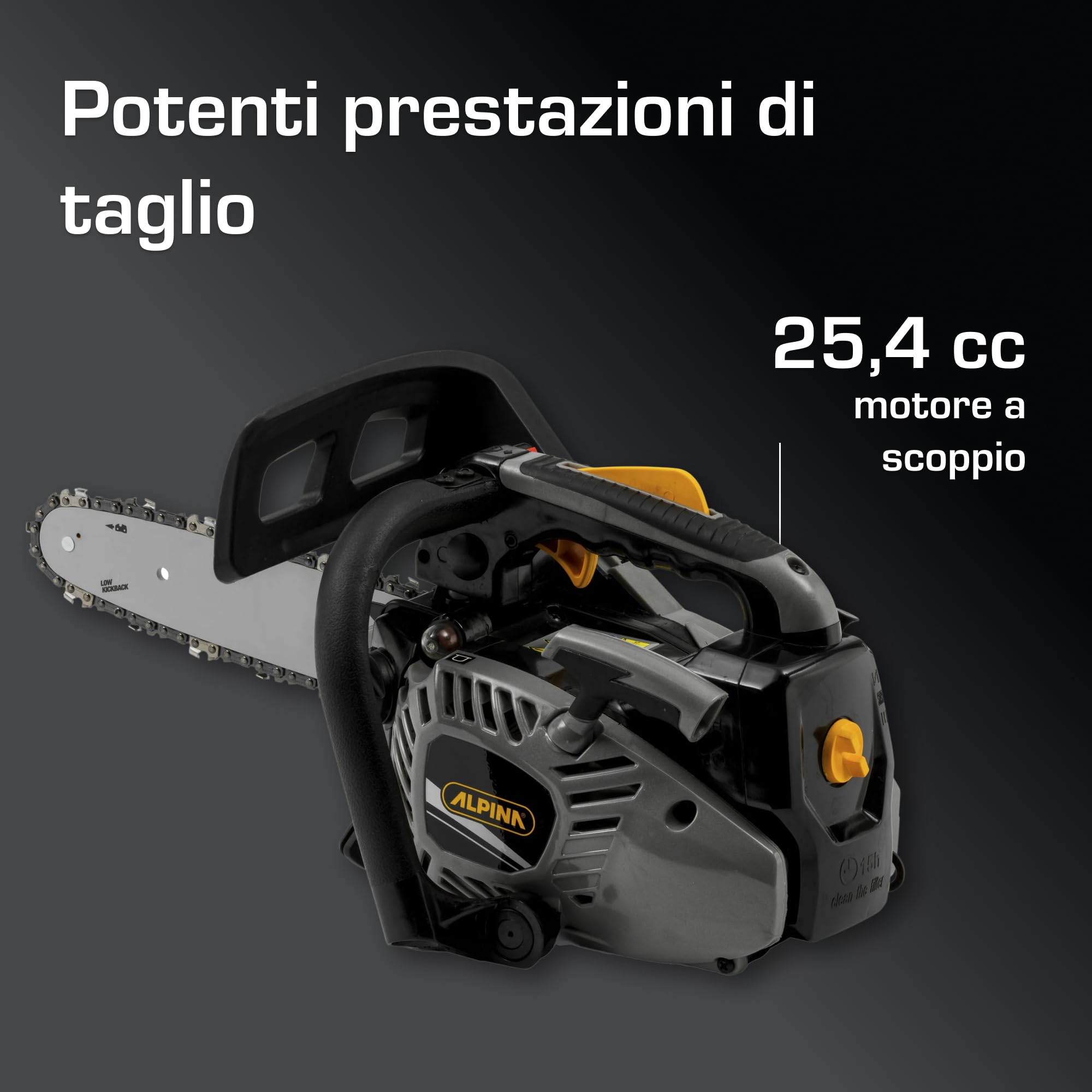 Alpina APR 25 Motosega da potatura, 25,4 cc – Barra 25 cm, Pompa olio automatica regolabile – Per potatura di alberi e arbusti