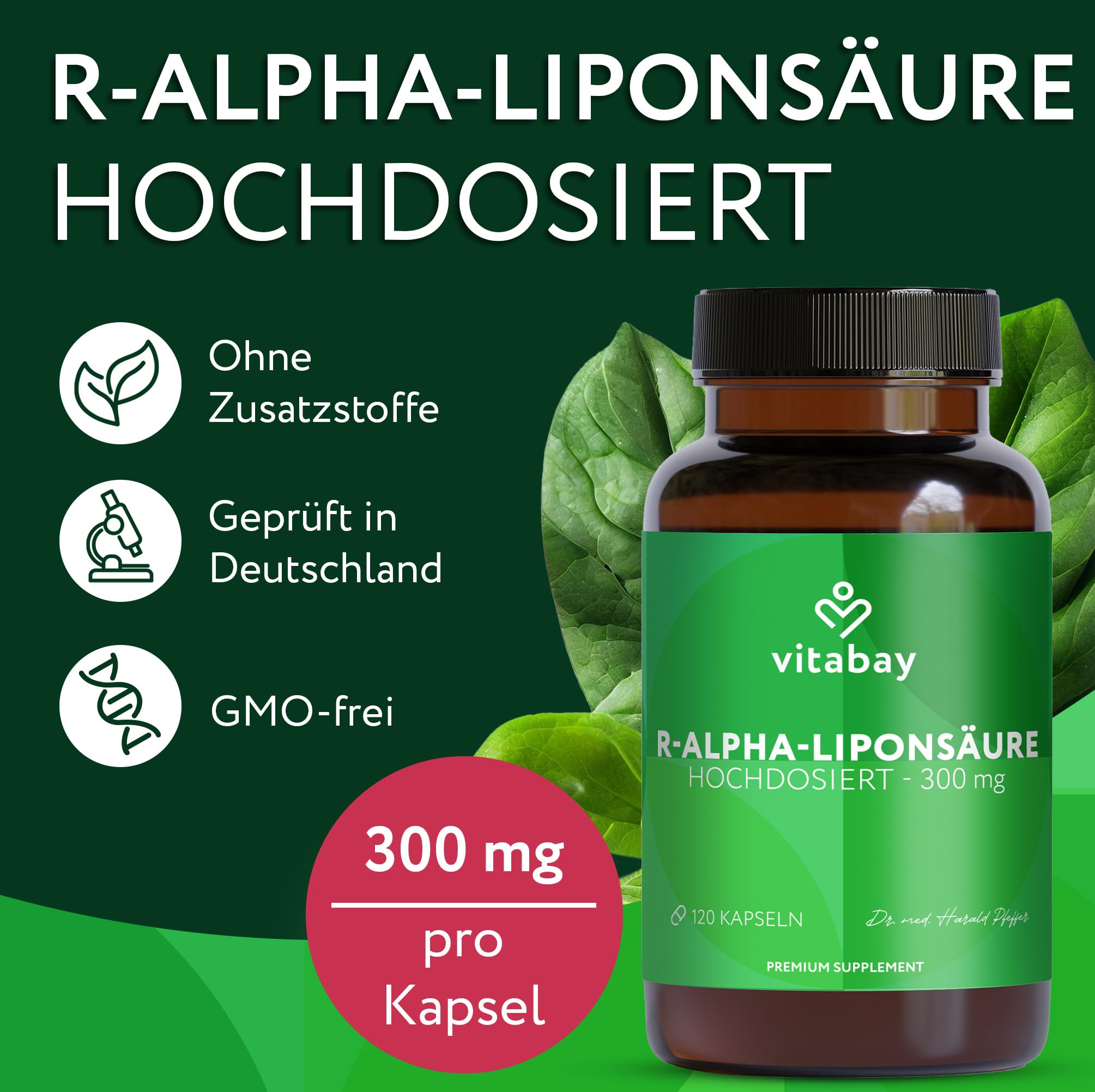 Vitabay R-Alpha Liponsäure 300 mg – 120 Kapseln hochdosiert & vegan – Alpha Lipoic Acid – Laborgeprüft in Deutschland – Vorrat für 4 Monate