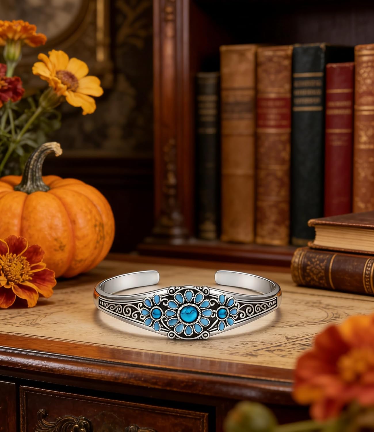 925 Sterling Silver Native American Turquoise Bracelet Cuff for Women Southwestern Squash Blossom Indian Jewelry Adjustable Bangle