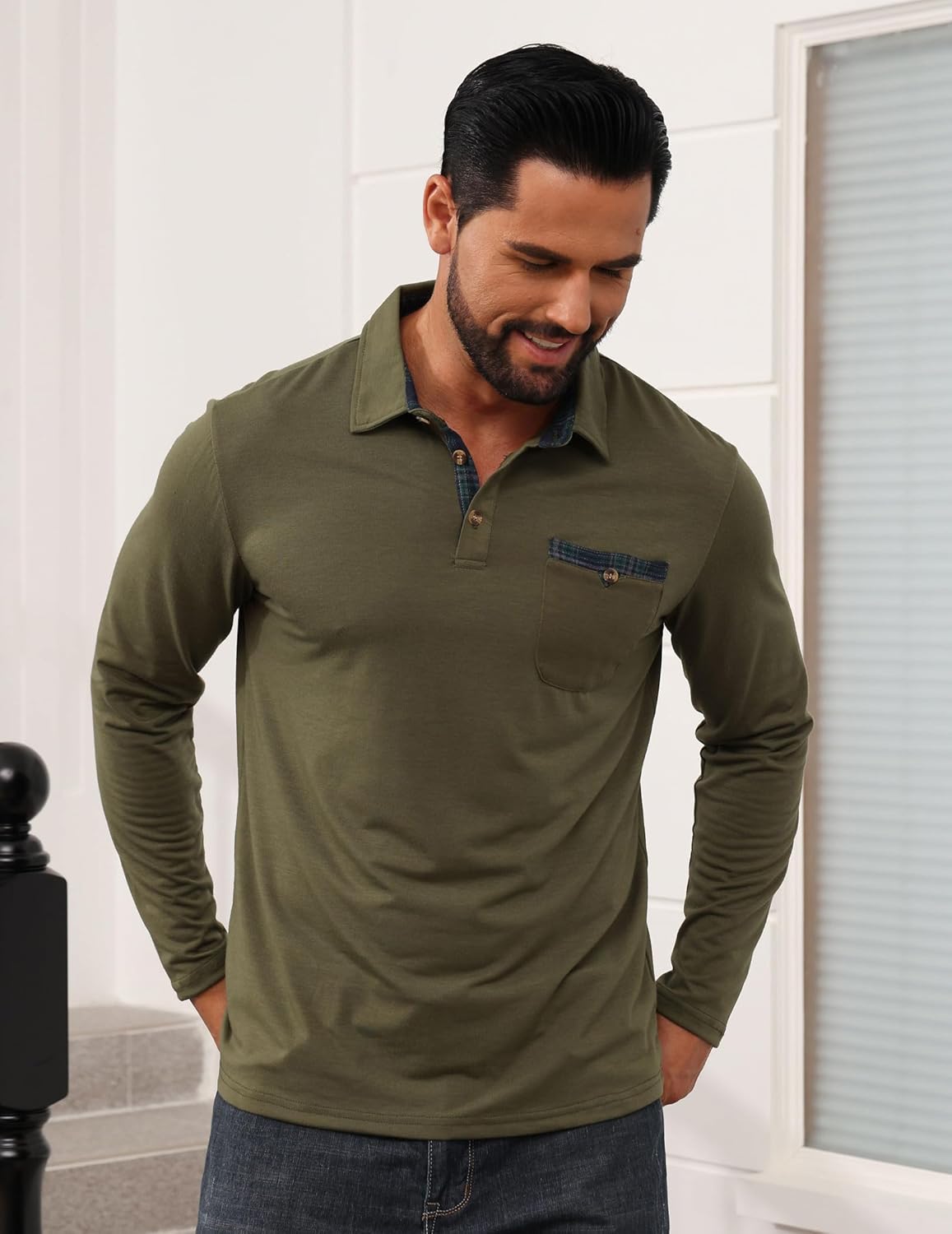 Mens Athletic Long Sleeve Polo Shirts Classic Lightweight Button Collared Stylish Tops with Pocket - Image 5
