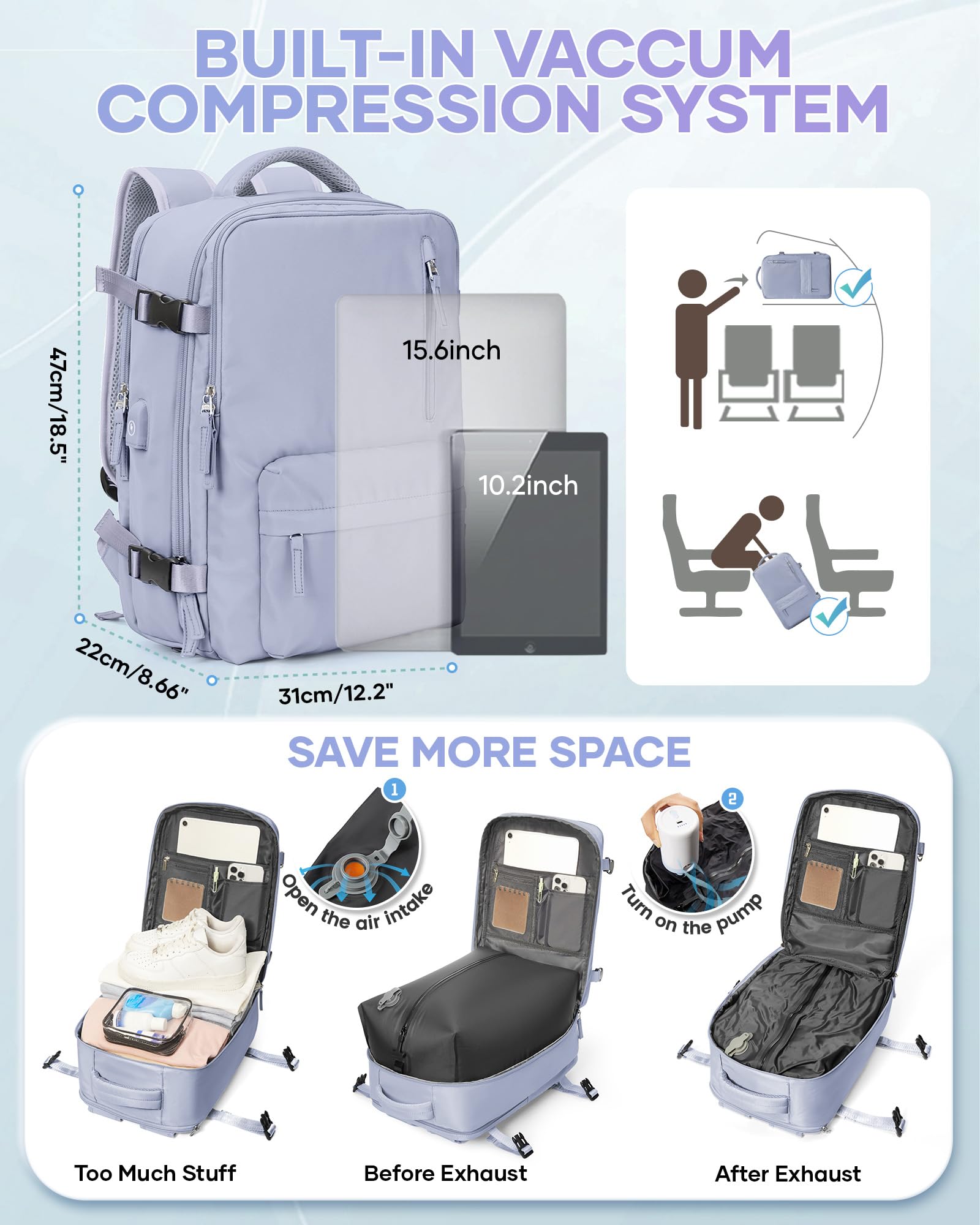 SZLX Zaino Ryanair 40x30x20 Sottovuoto Bagaglio a Mano 40x20x25 Donna Zaino da Viaggio 40x30x20 Wizzair Borse da Cabina per Easyjet 45x36x20 Uomo per Laptop 14 Pollici con Porta USB e Porta Scarpe