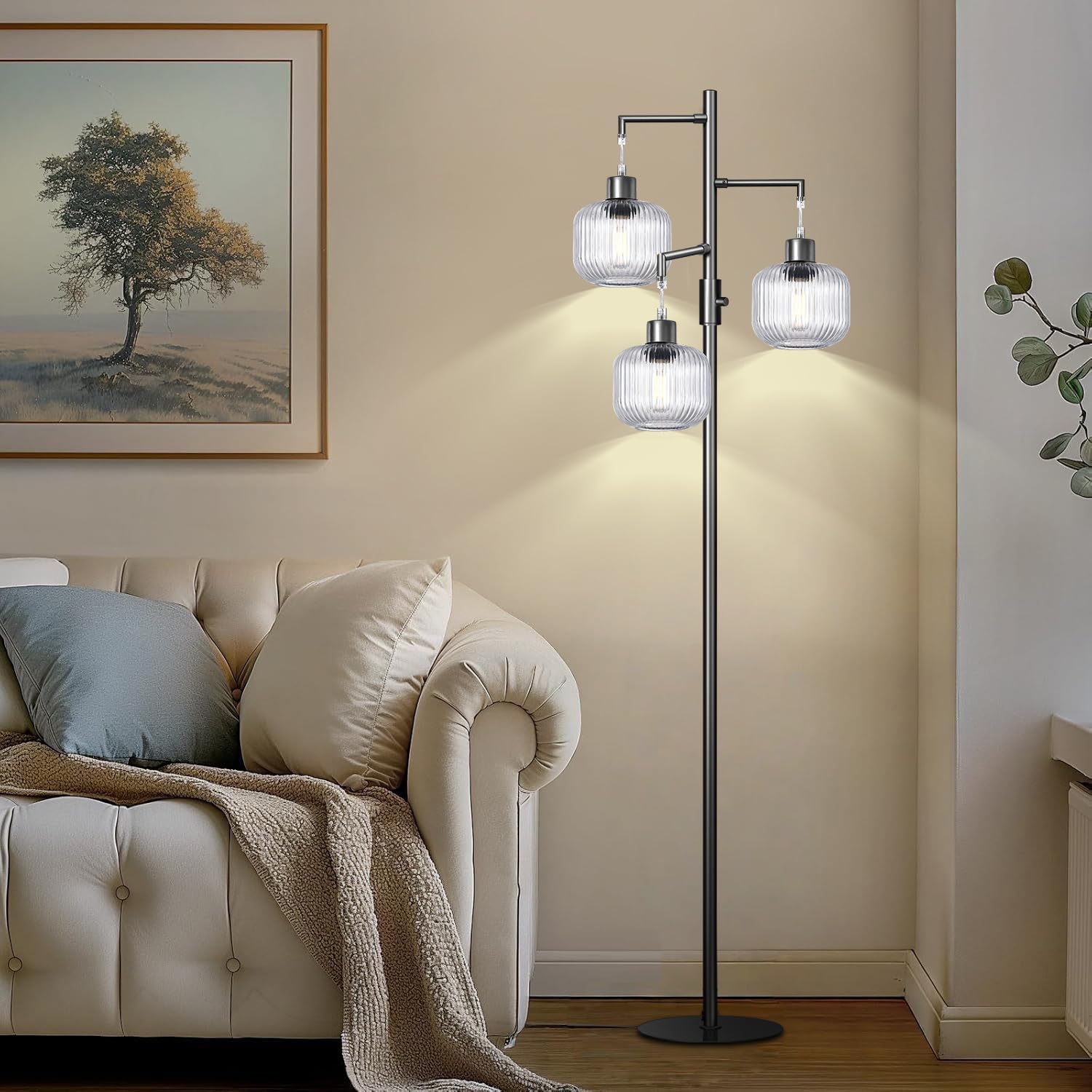 Modern Floor Lamp for Living Room, Dimmable Standing Lamp with Clear Glass Shade, Mid Century 3 Lights Tall Lamps for Bedroom, 3 x 600LM LED Bulbs Included