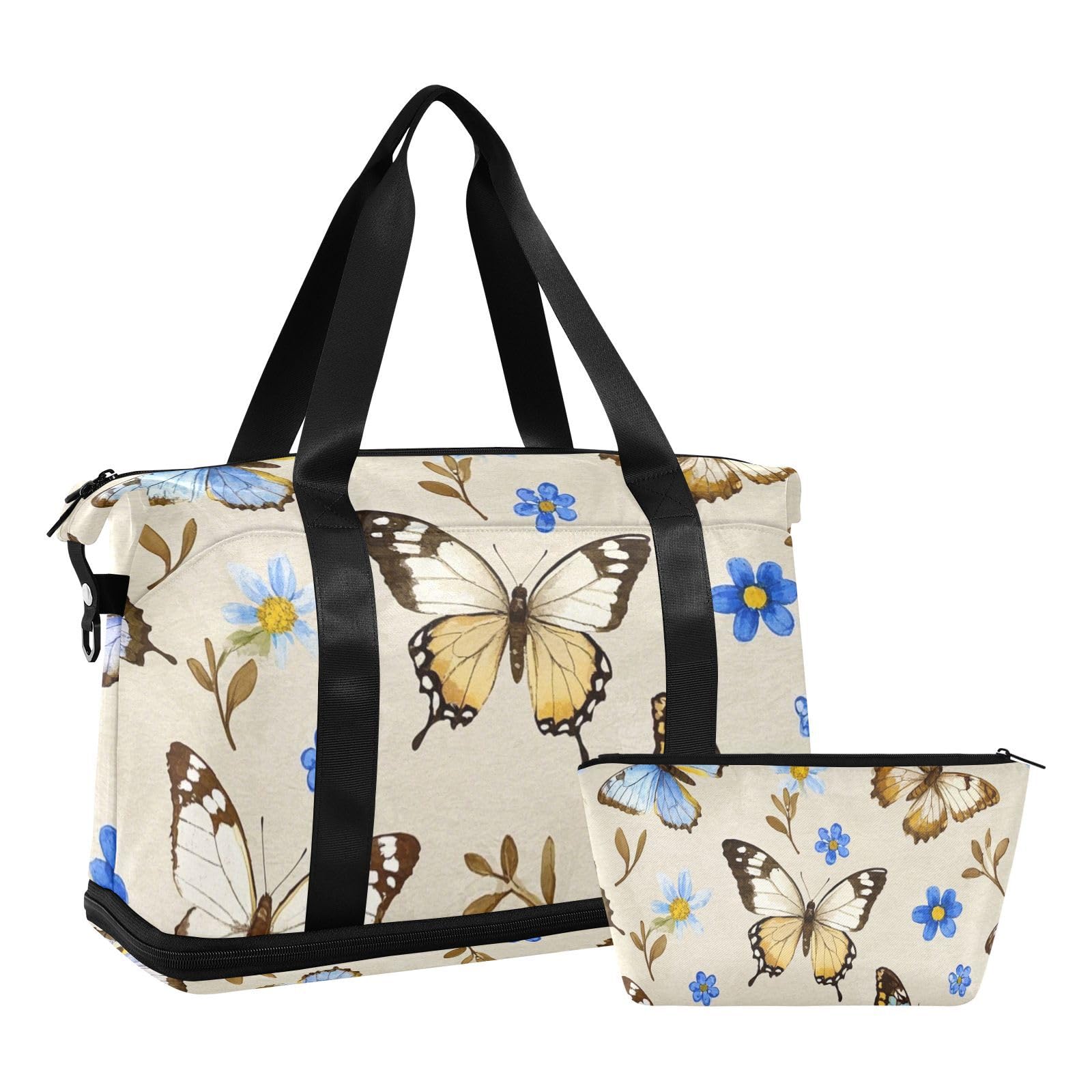 Modische bunte Reisetasche mit Schmetterlingen, Beige, übergroße Reisetasche mit Nassfach, verstellbarer Riemen, Tragetasche für Fitnessstudio, wasserdicht, für Männer und Frauen